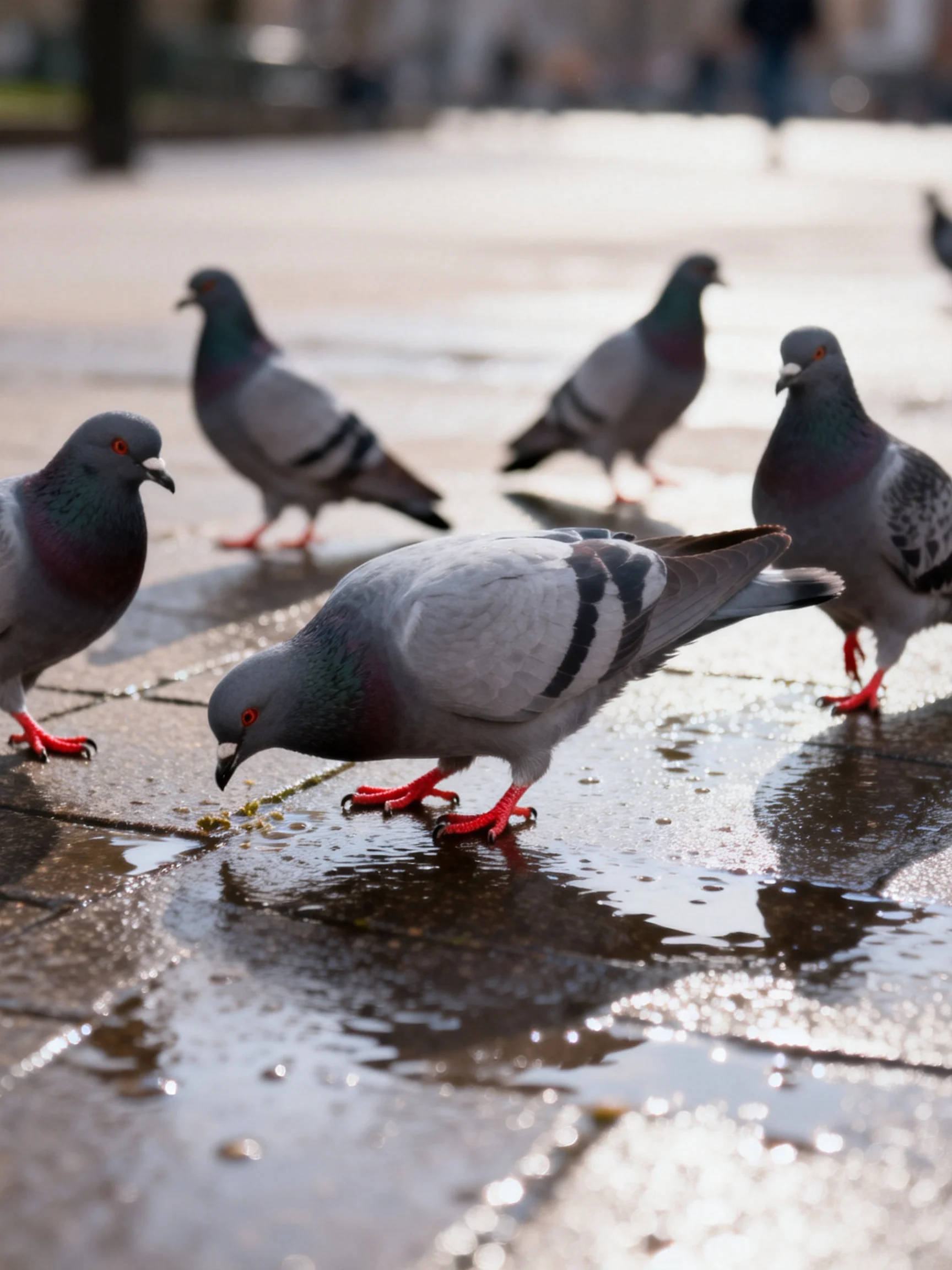 Five gray pigeons pecking on a wet urban pavement