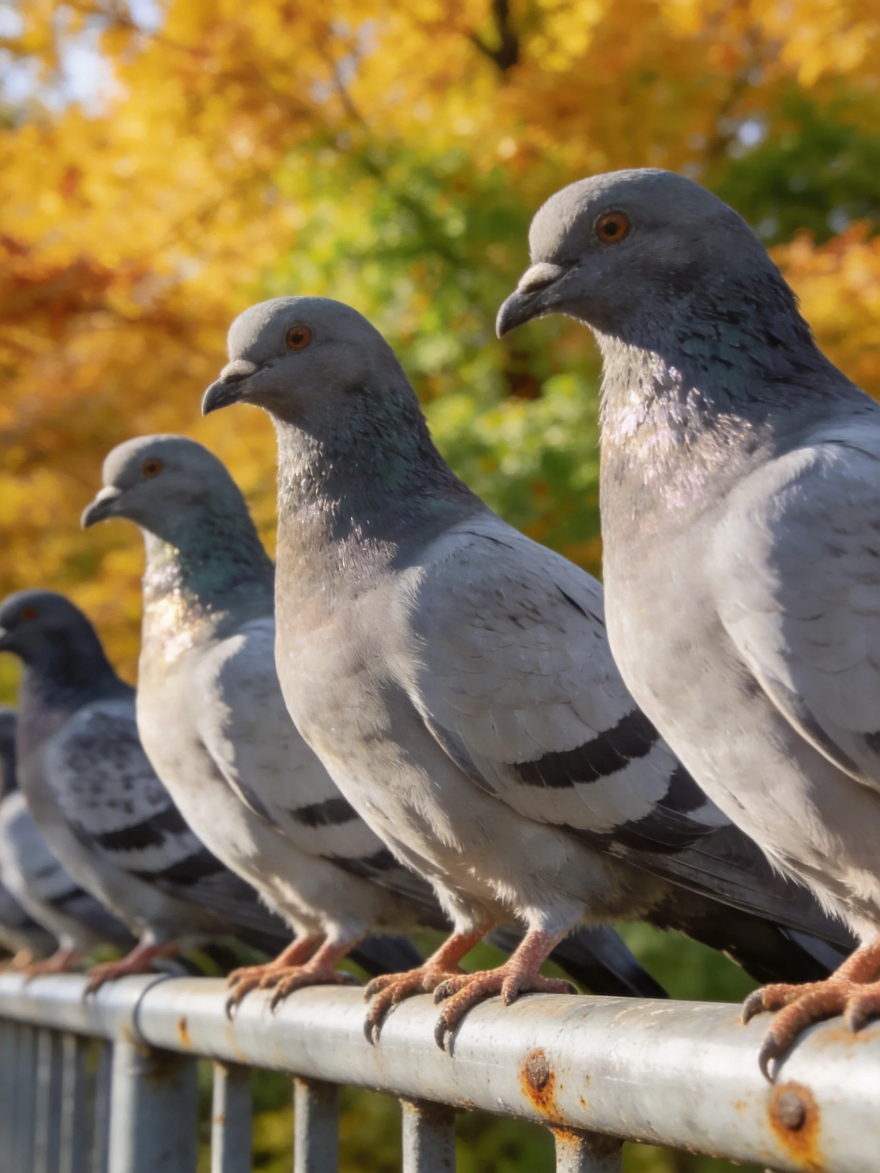 Five gray pigeons perch on a rusty metal railing with autumn foliage