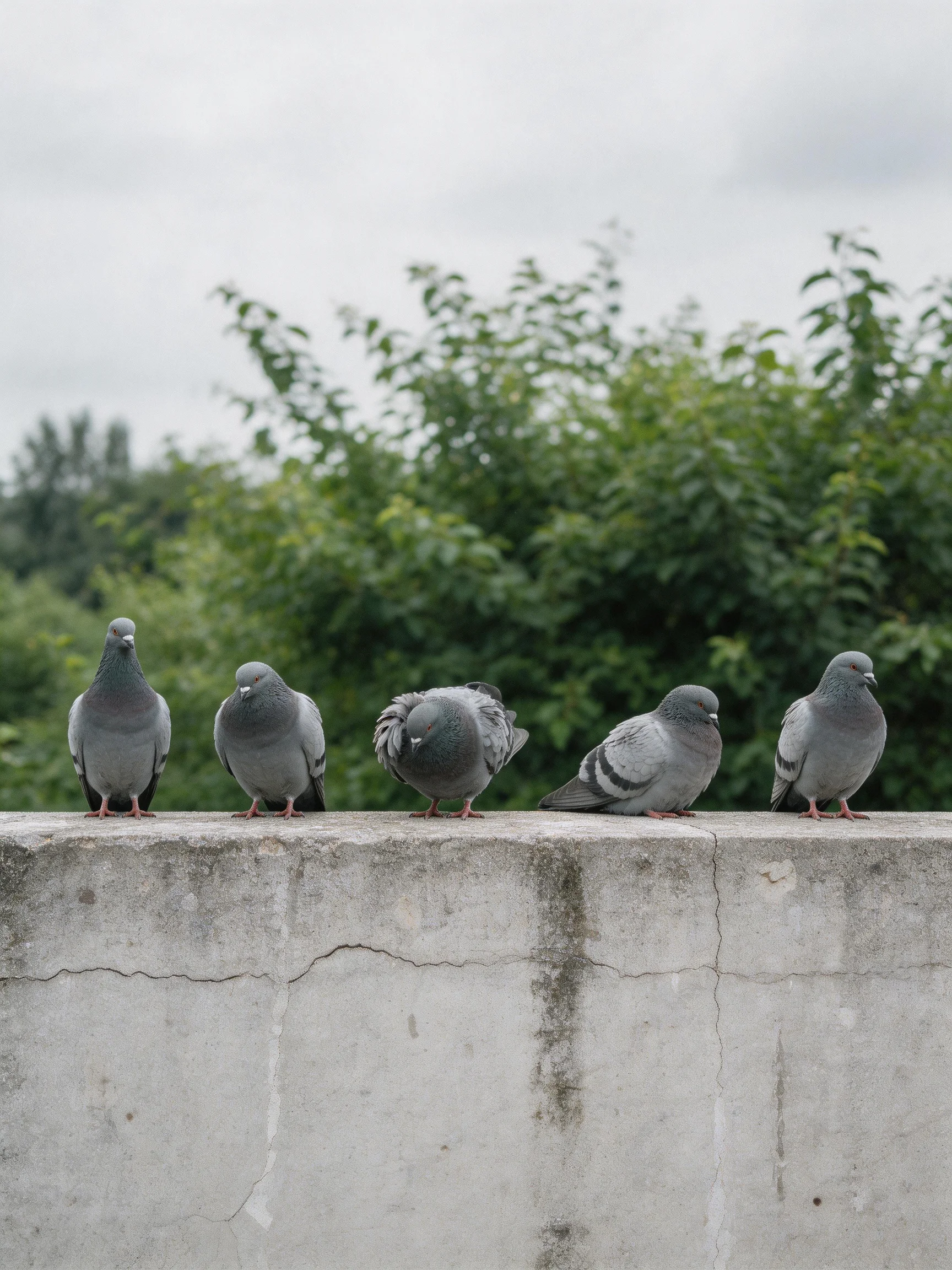 Five gray pigeons perch on a weathered concrete ledge amid lush greenery