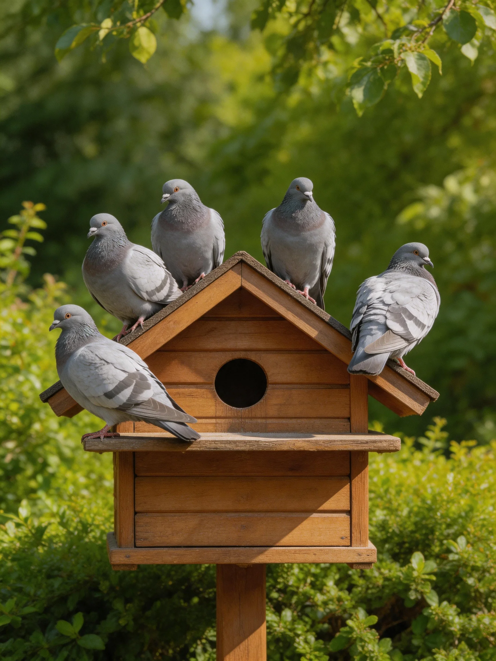 Five gray pigeons perch on a wooden birdhouse amid lush greenery.