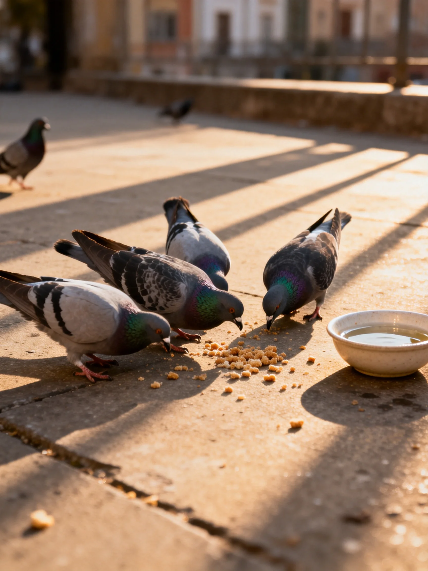 Five pigeons eat crumbs near a water bowl on sunlit pavement