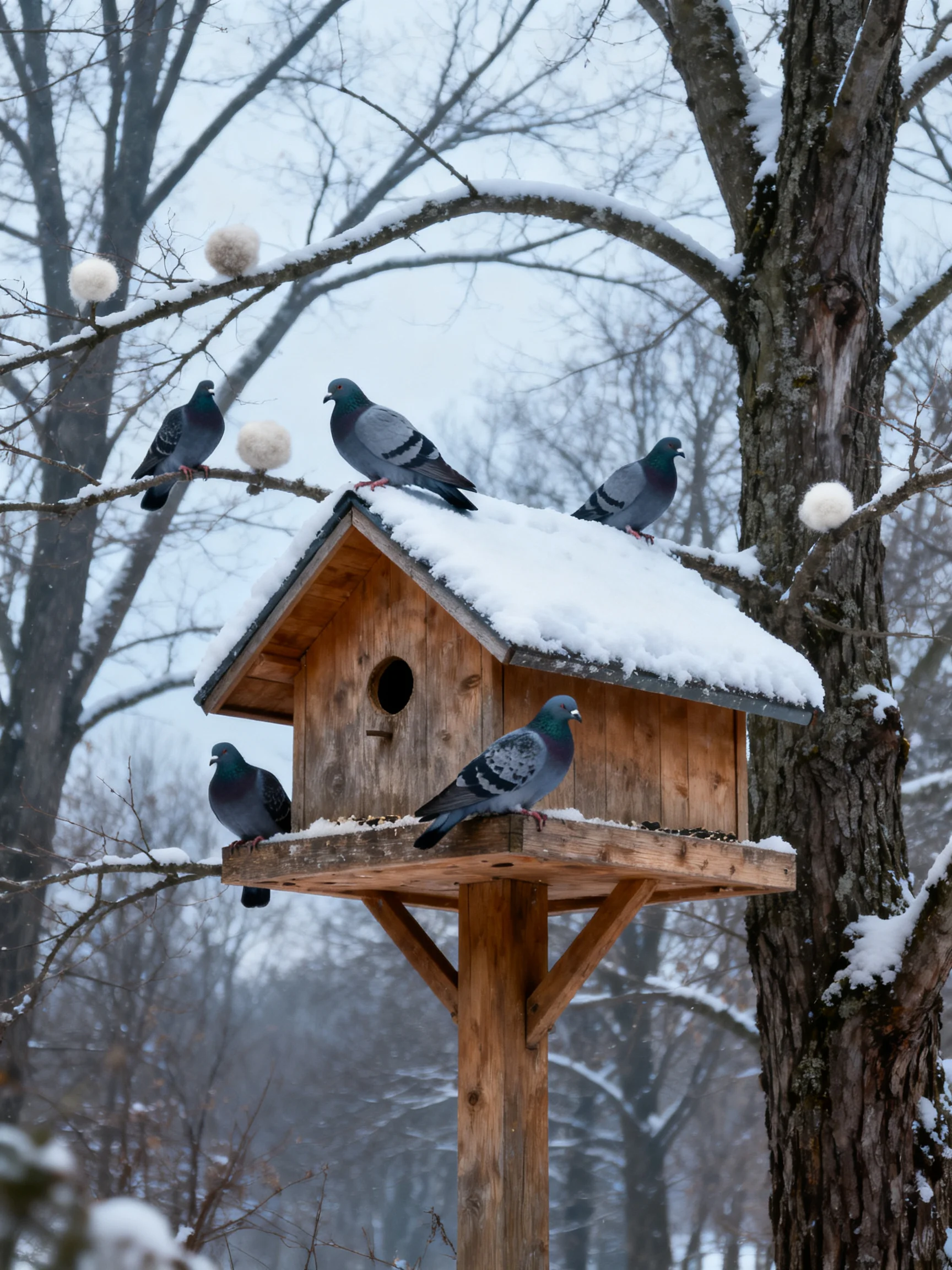 Five pigeons gather around a snow-covered wooden birdhouse in a wintry forest