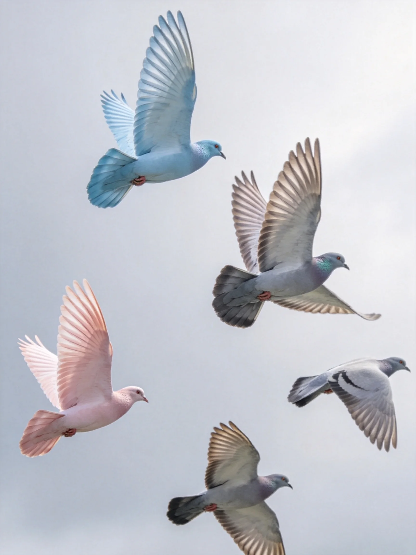 Five pigeons in assorted colors soaring through a pale sky