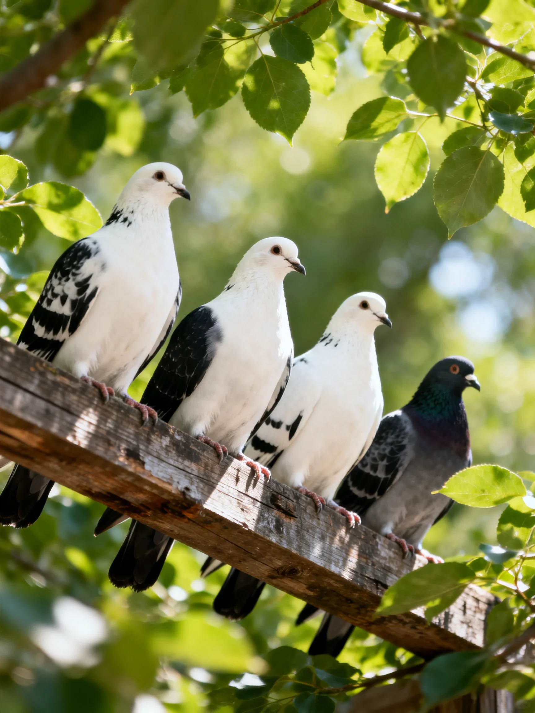Five pigeons, including four white and one dark, perch on a wooden beam among green leaves