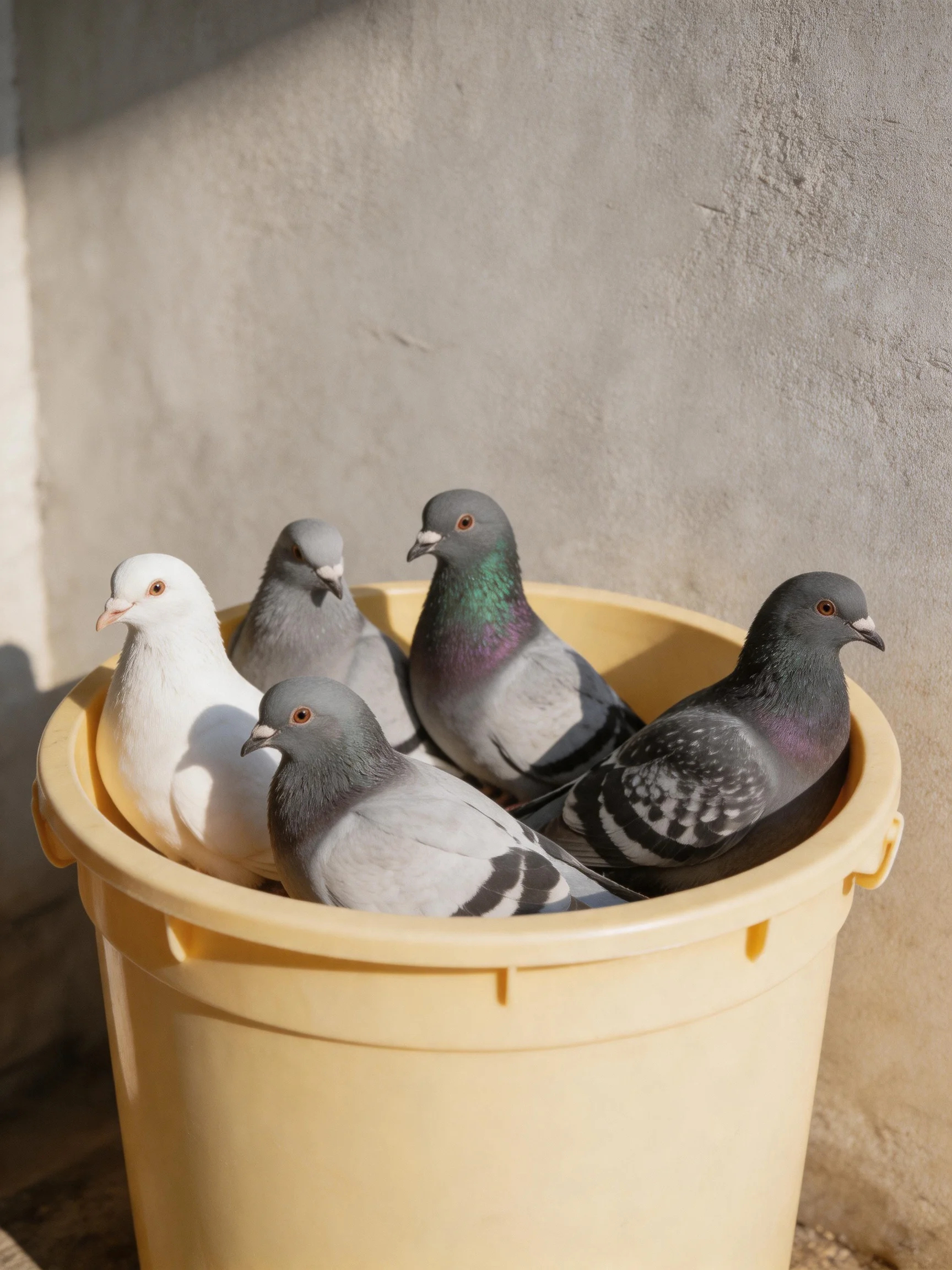 Five pigeons of mixed colors in a large yellow bucket by a concrete wall