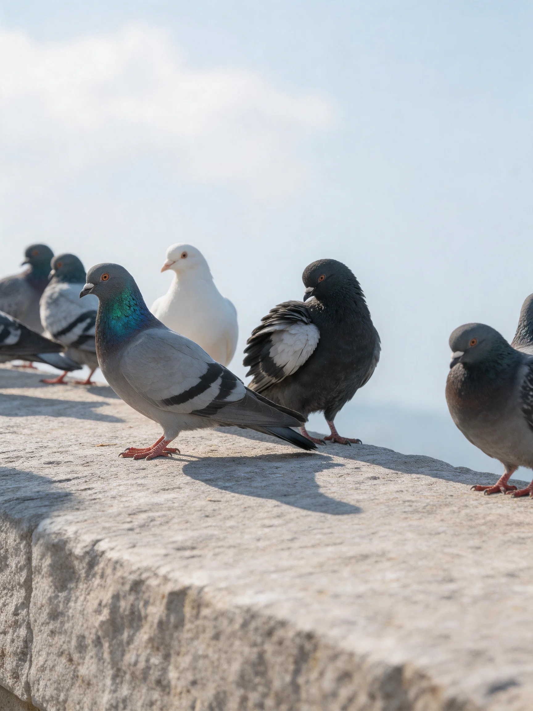 Five pigeons of varied colors rest on a stone ledge by the water