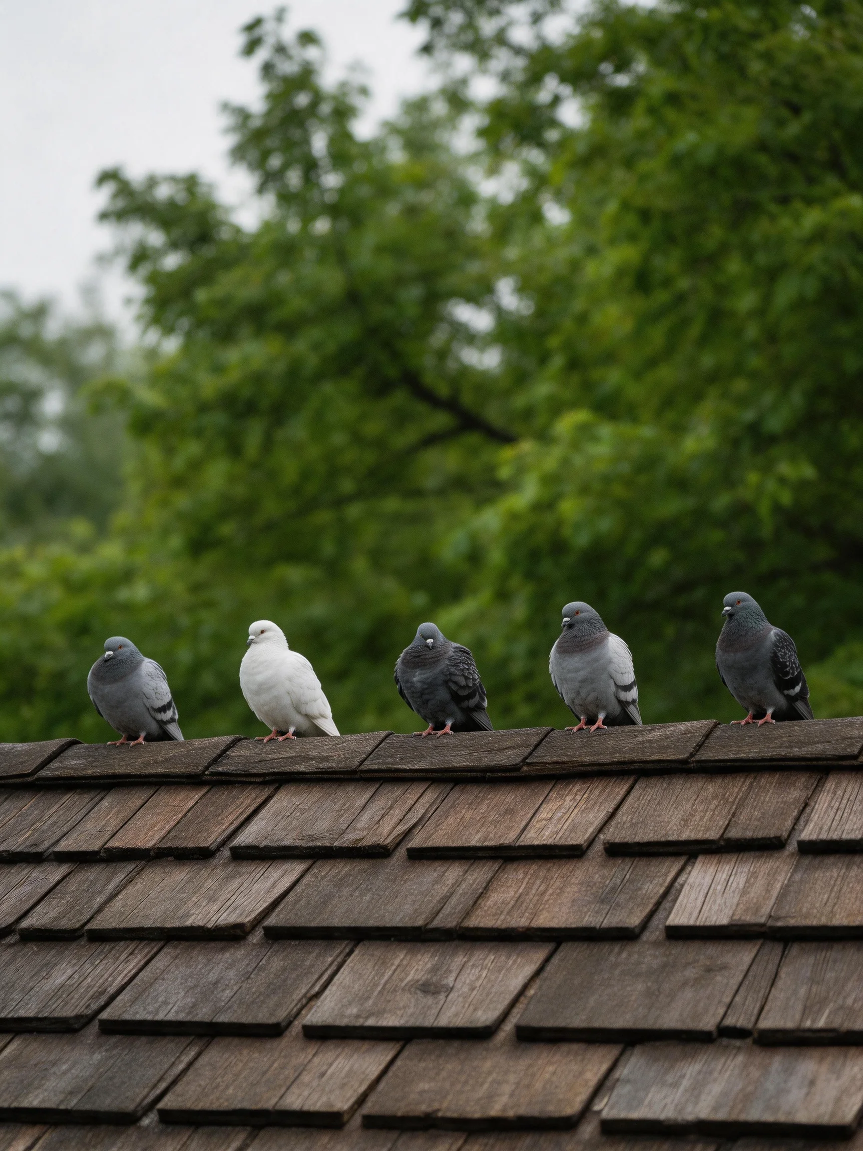 Five pigeons of varied colors sit on a wooden shingled roof with green trees.