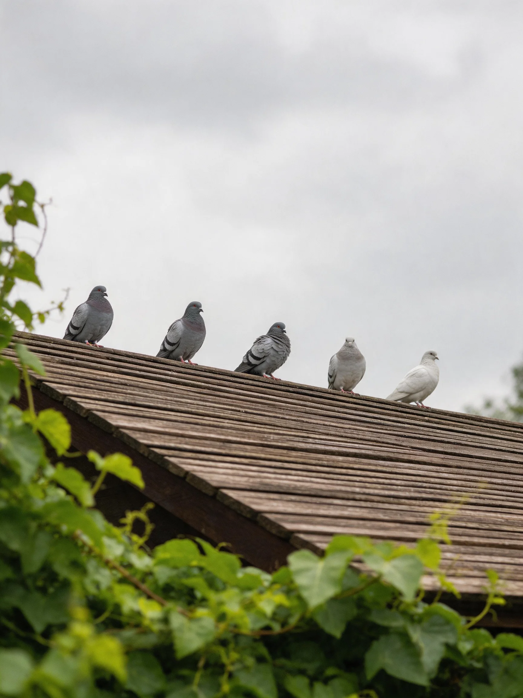 Five pigeons of varying shades rest on a weathered wooden roof