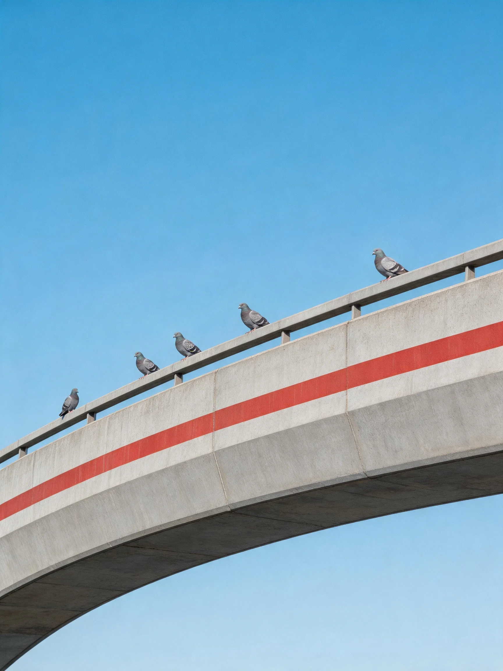 Five pigeons perch on a concrete bridge with red stripes under clear blue sky