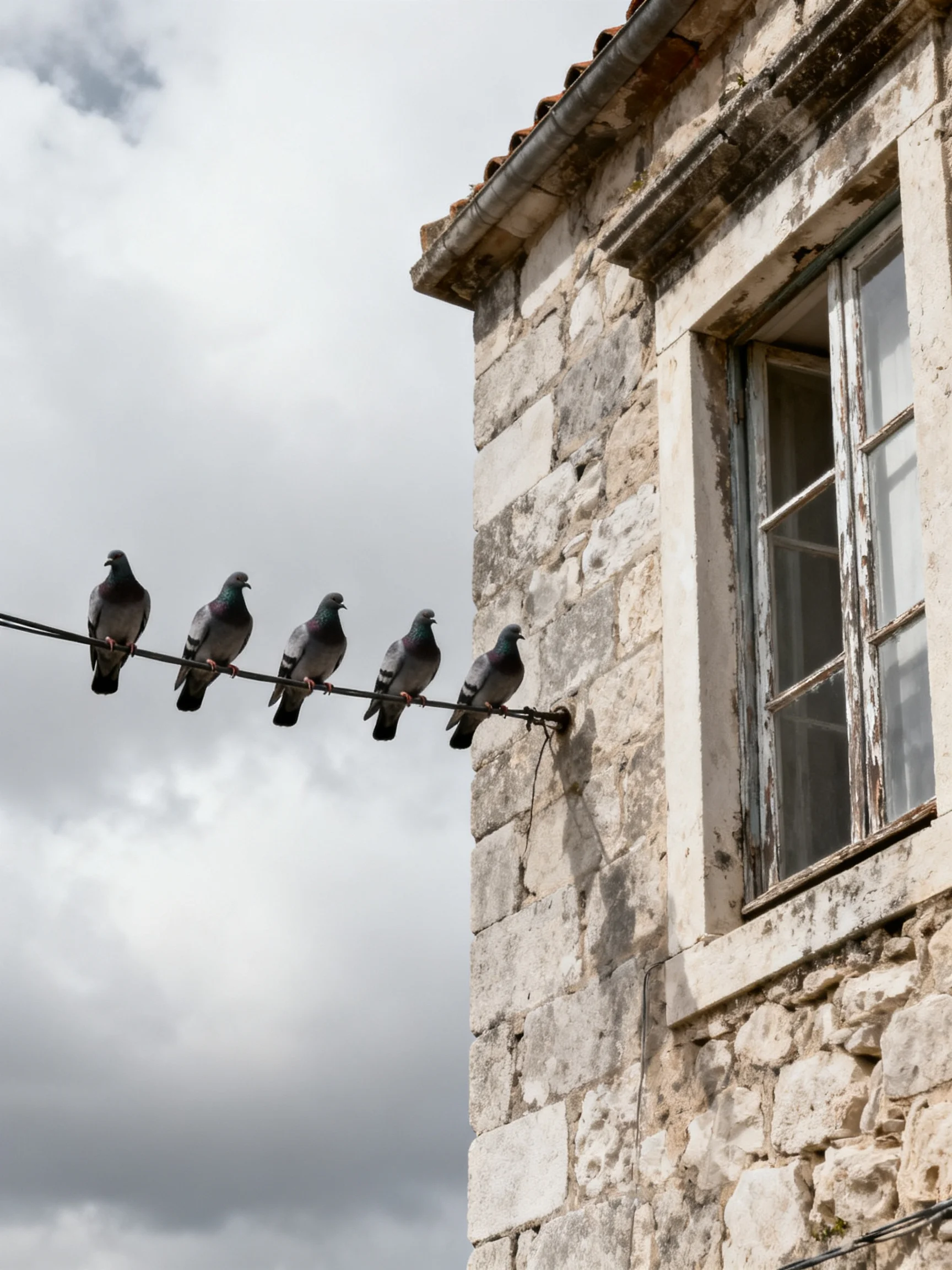 Five pigeons perch on a wire by an aged stone building