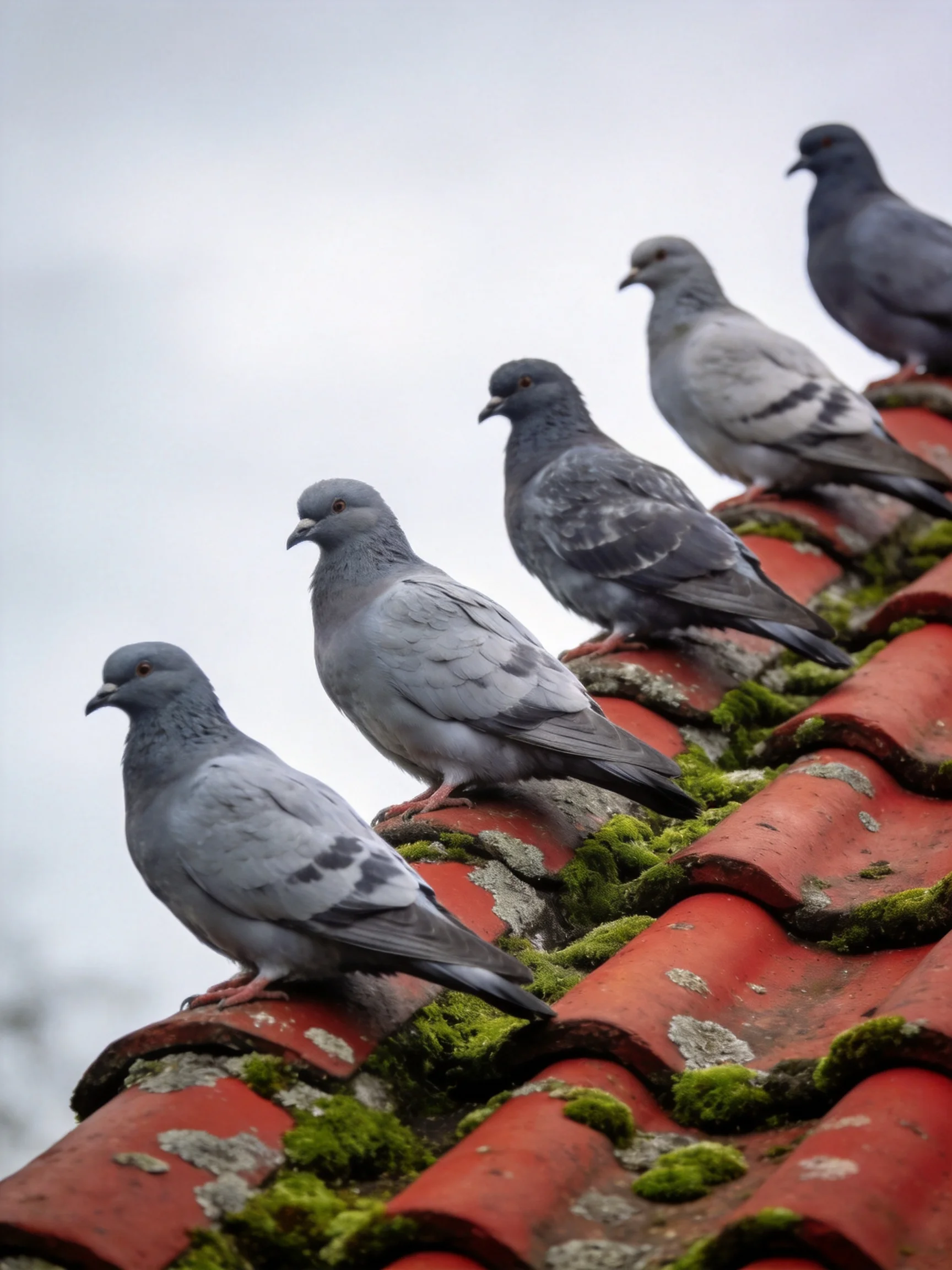 Five pigeons perch on mossy red tile roofs under a gray sky