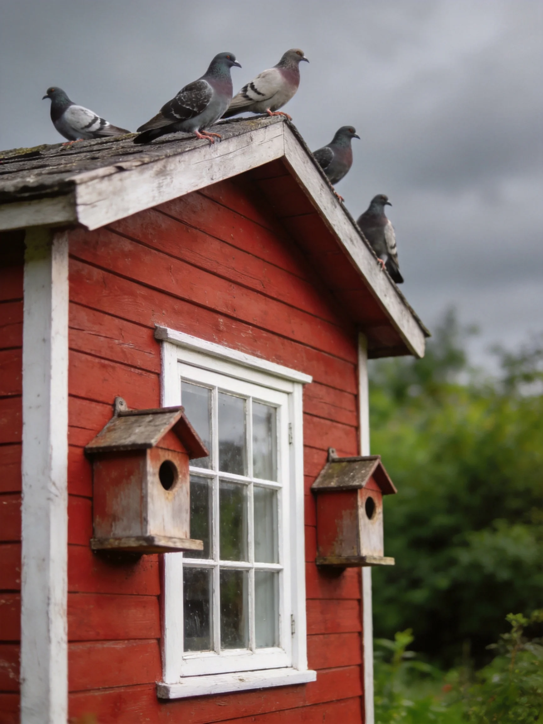 Five pigeons rest on a bright red wooden house with attached birdhouses
