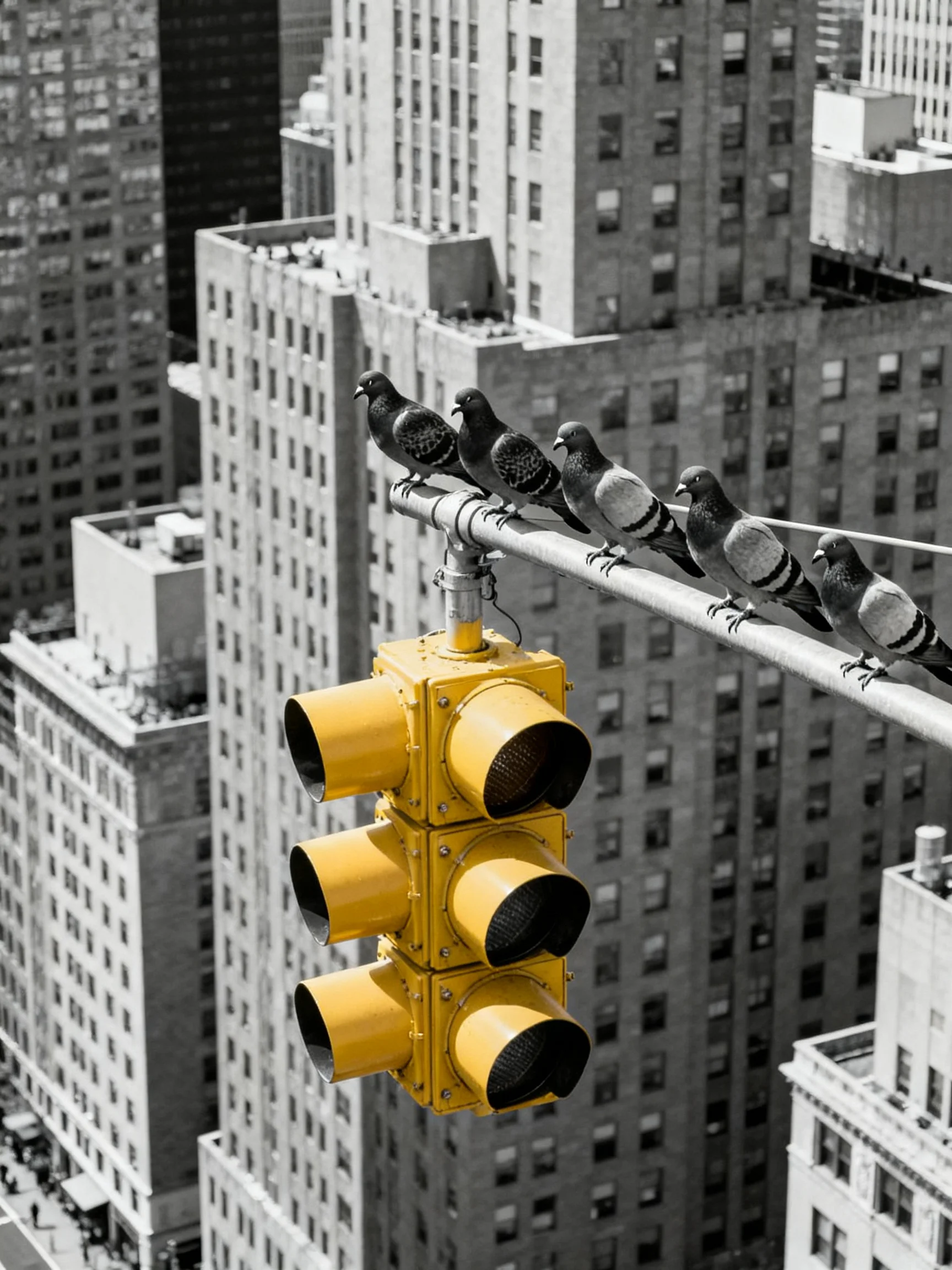 Five pigeons sit on a yellow traffic signal near tall city buildings.