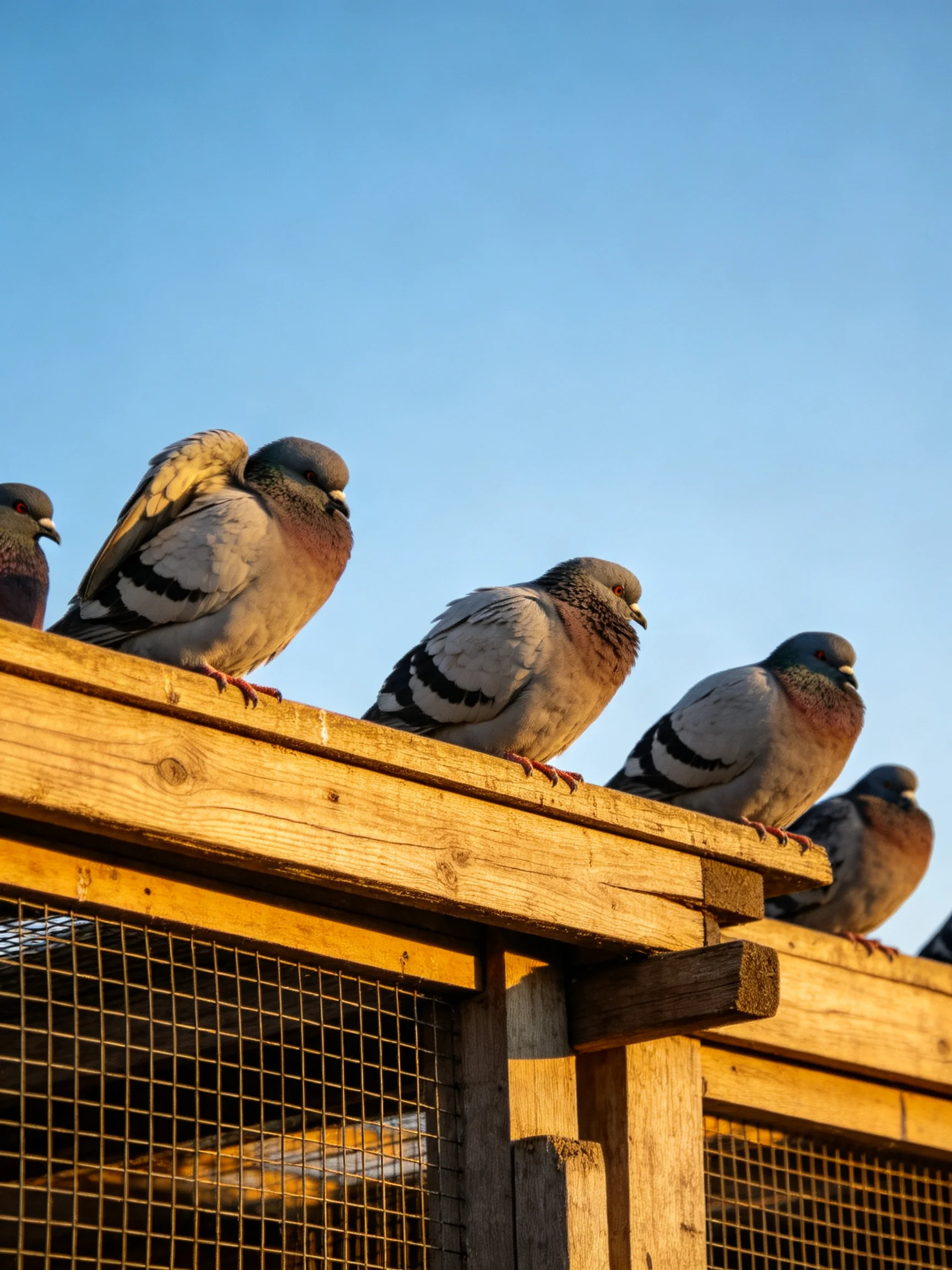 Five pigeons rest on a wooden fence under clear blue sky