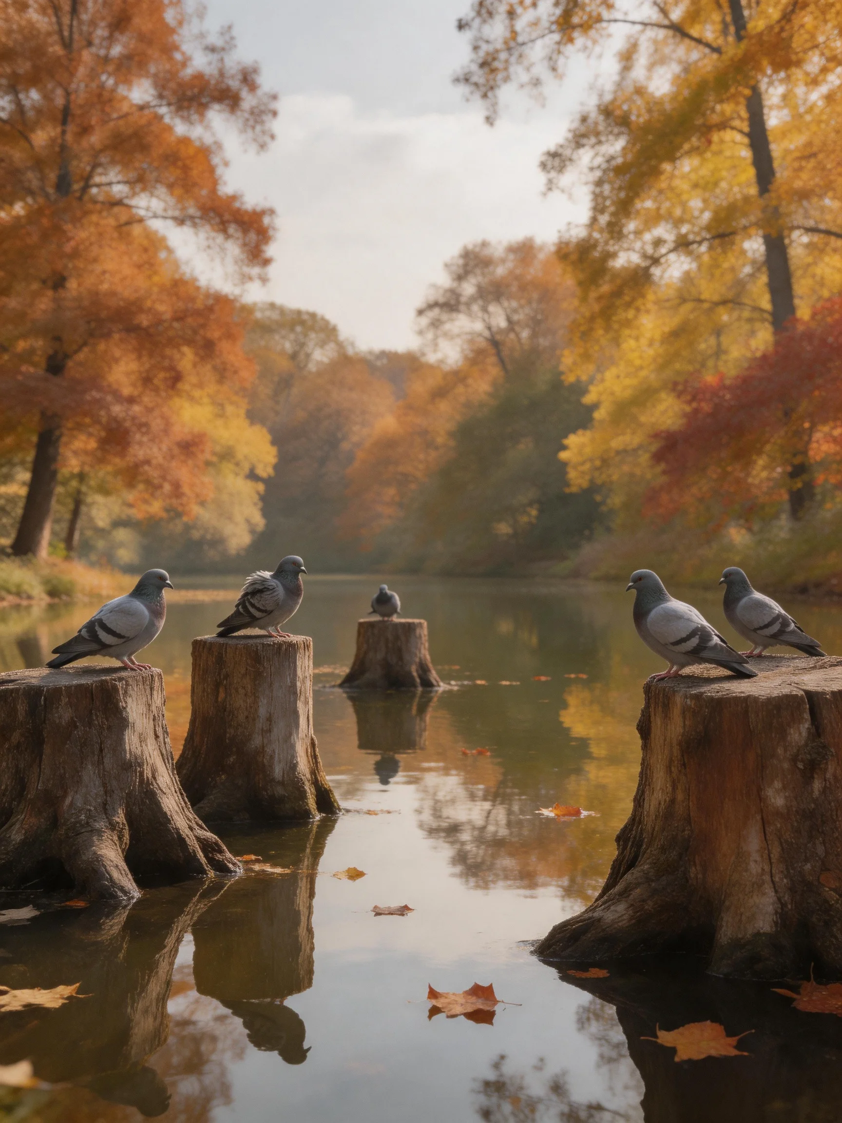 Five pigeons rest on tree stumps amid autumn-colored trees by calm water