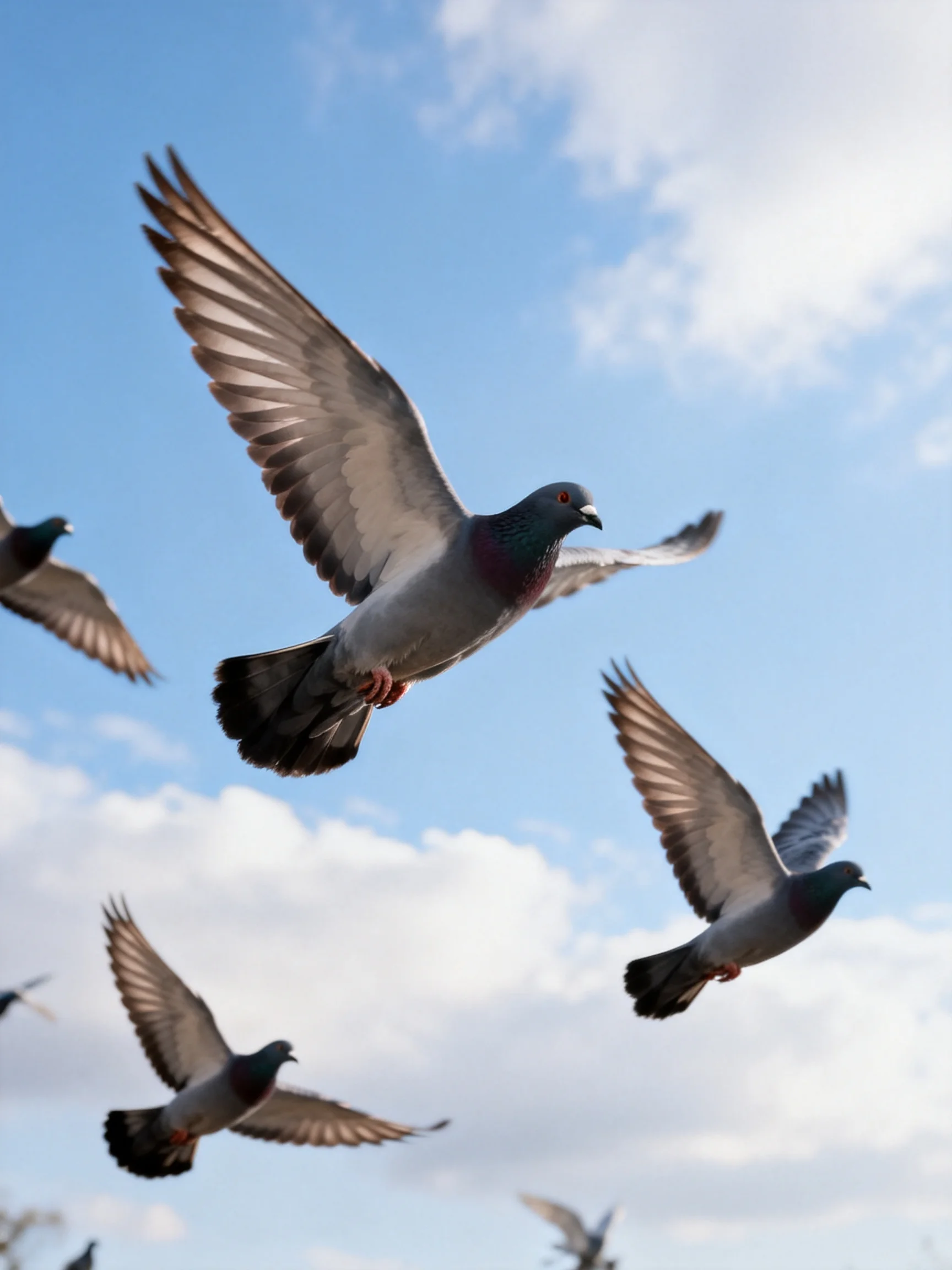 Five pigeons soar against a bright blue sky with scattered clouds