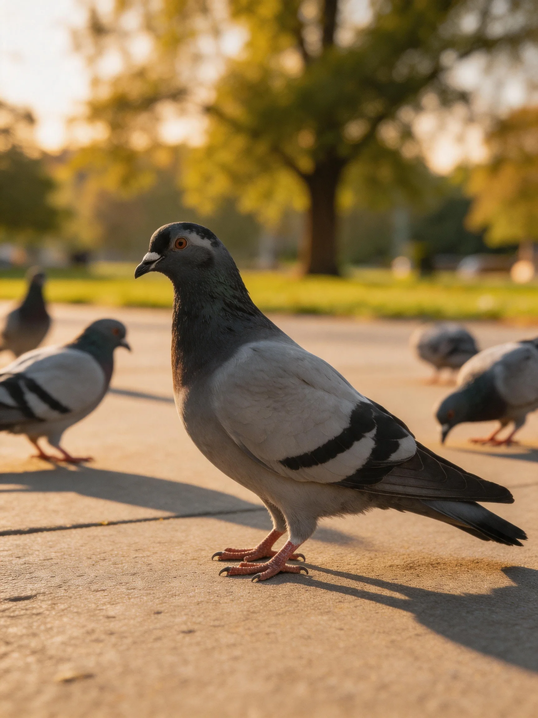 Five pigeons with gray and black plumage on a sunlit concrete path near green trees