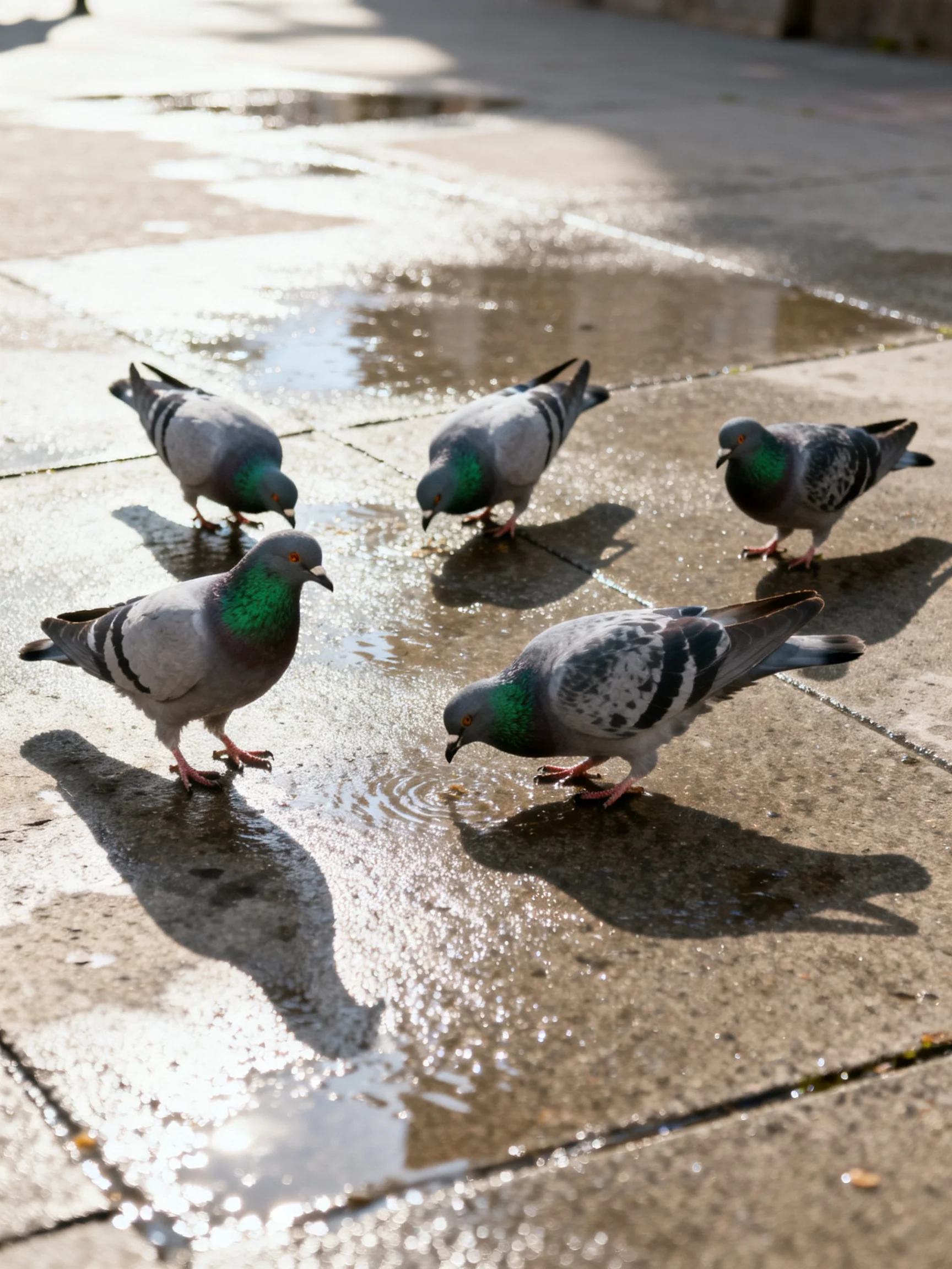 Five pigeons gather on wet pavement near small puddles.