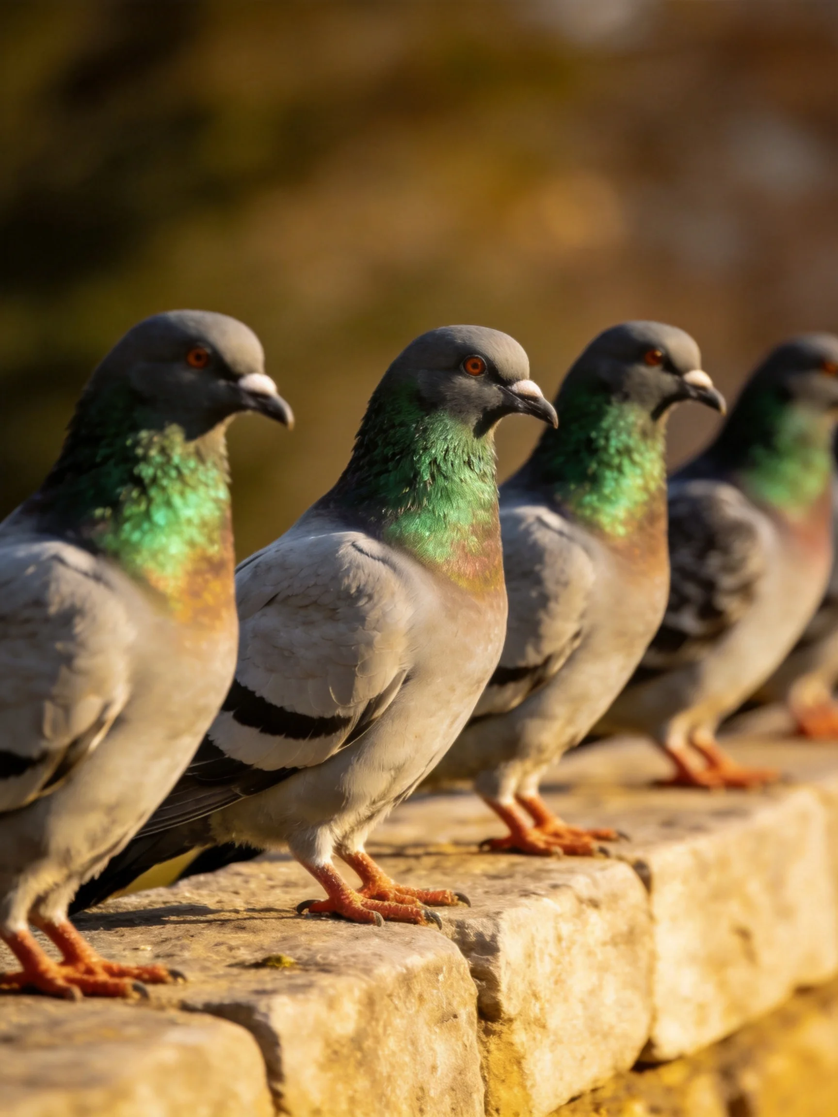 Five pigeons with iridescent green necks perched on a stone ledge