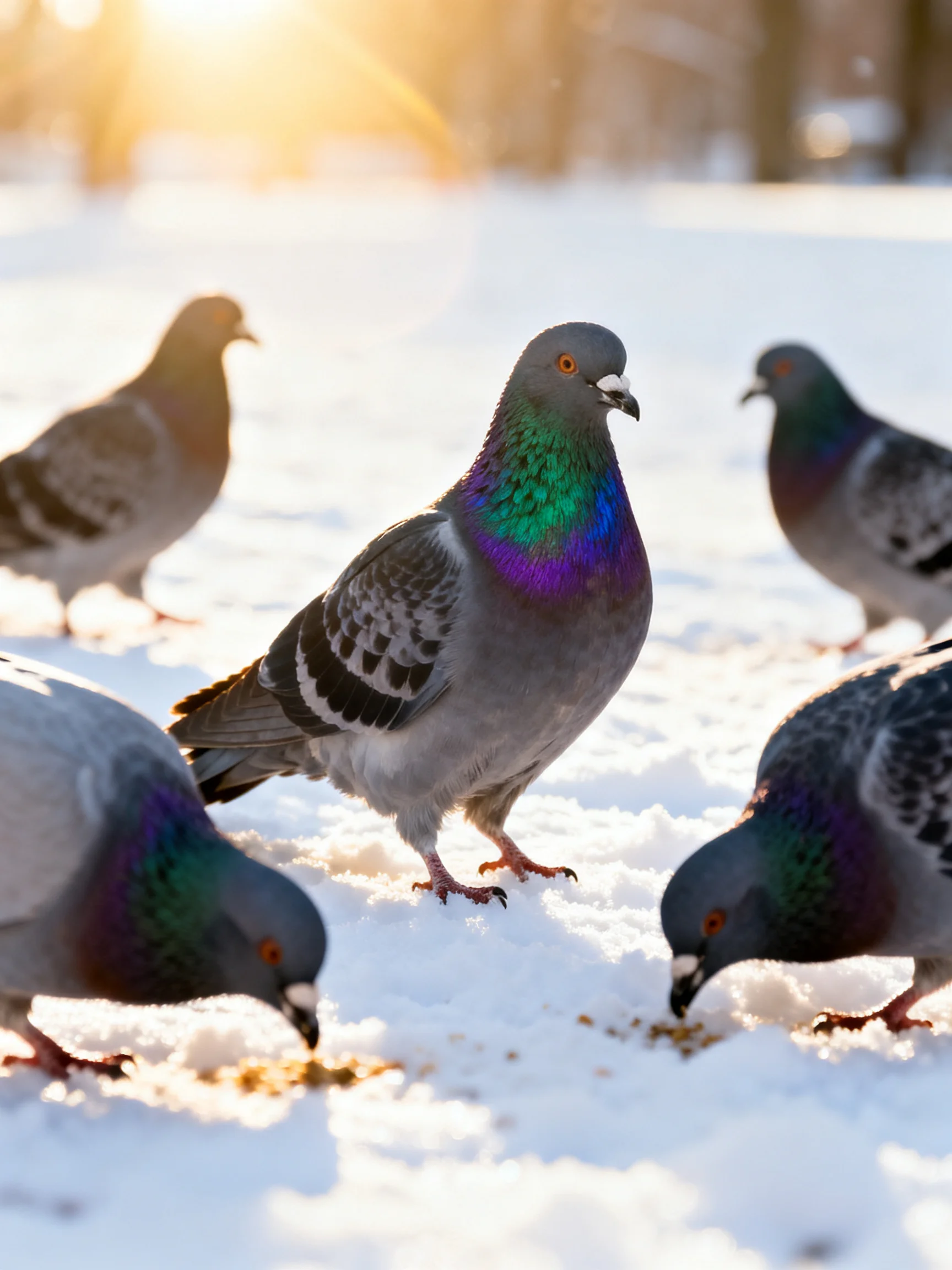 Pigeons with colorful necks eat on snow - covered ground