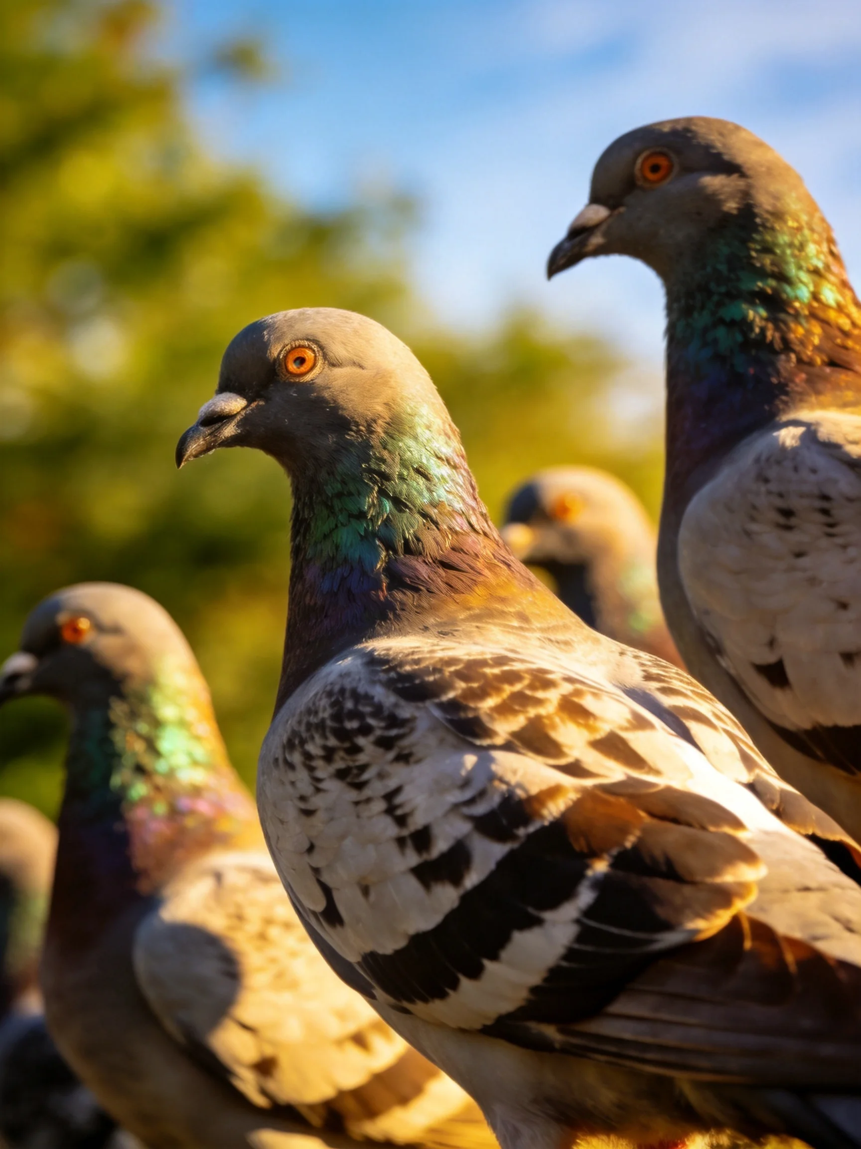 Five pigeons with iridescent necks gather outdoors