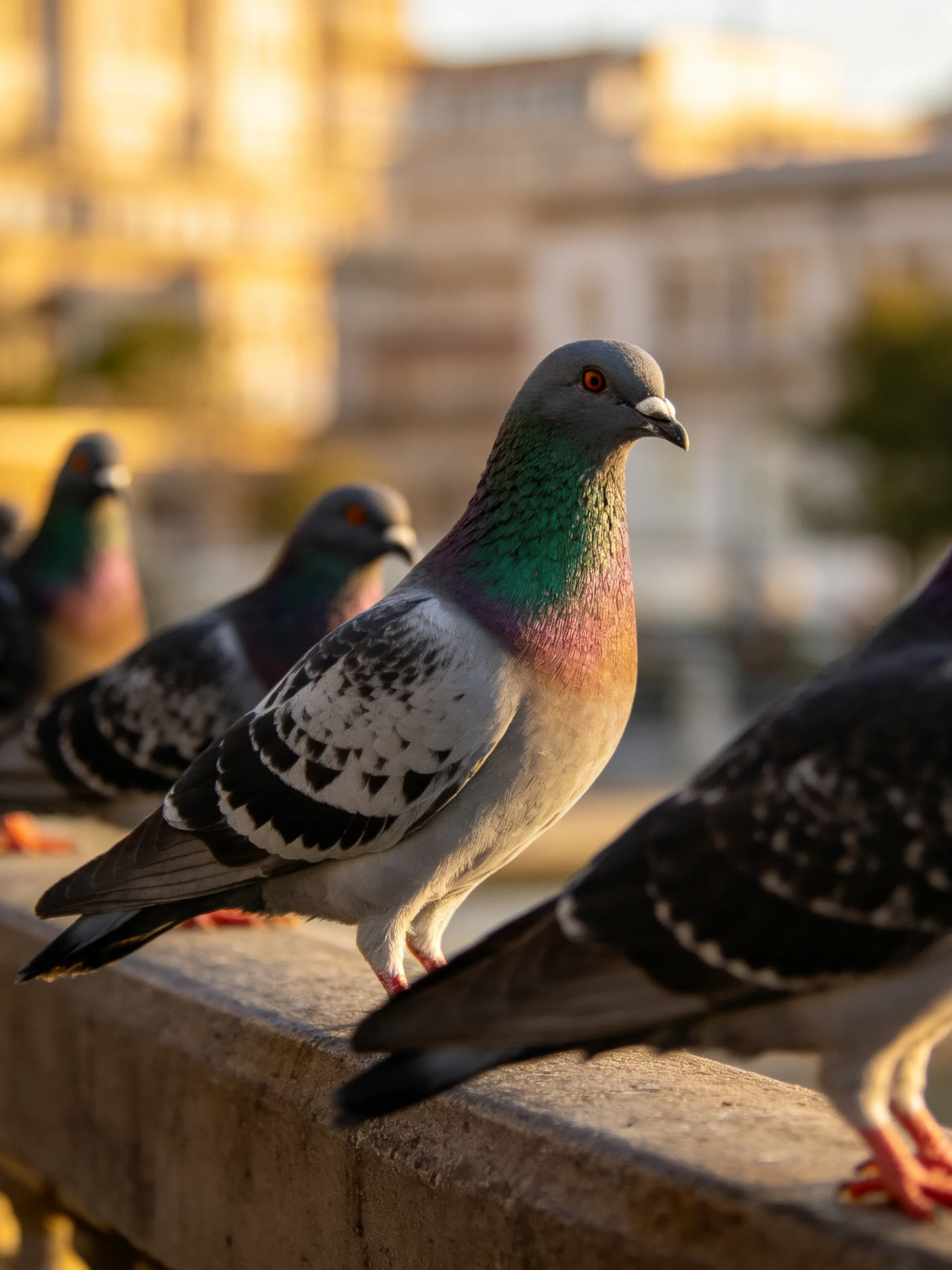 Five pigeons with iridescent plumage perch on a stone ledge