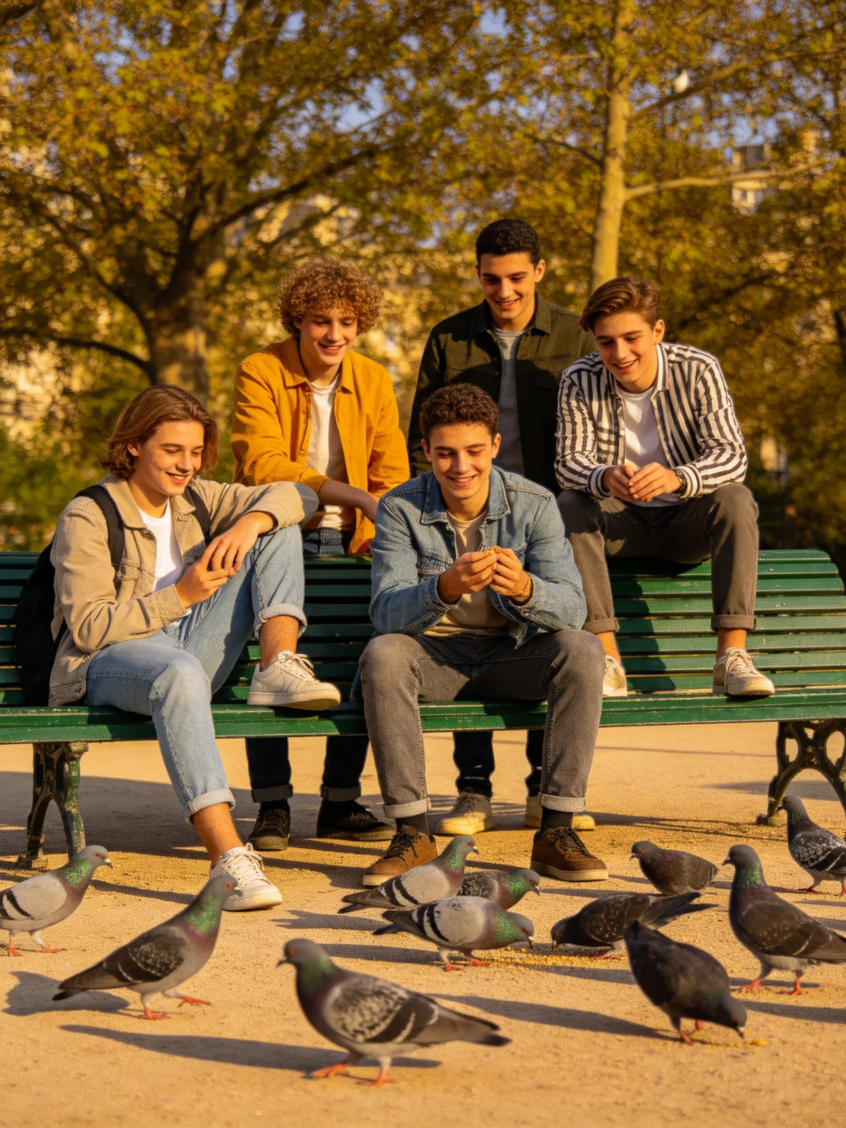 Five teenagers sit on a green park bench with pigeons nearby