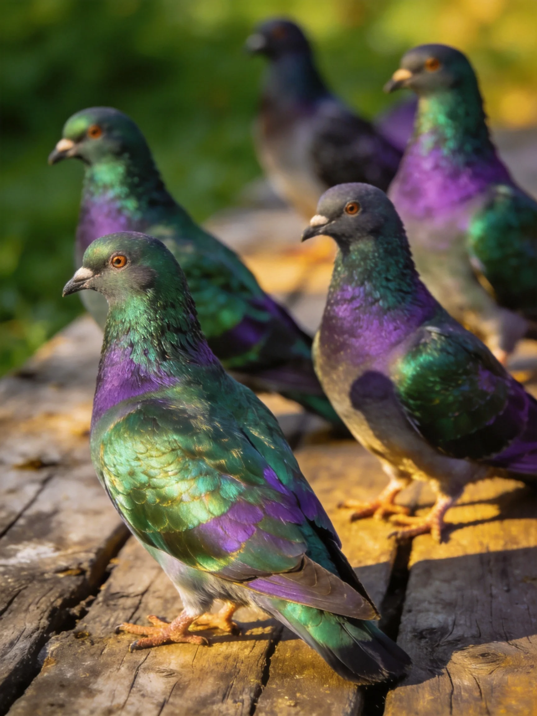 Five vibrantly colored pigeons rest on weathered wood