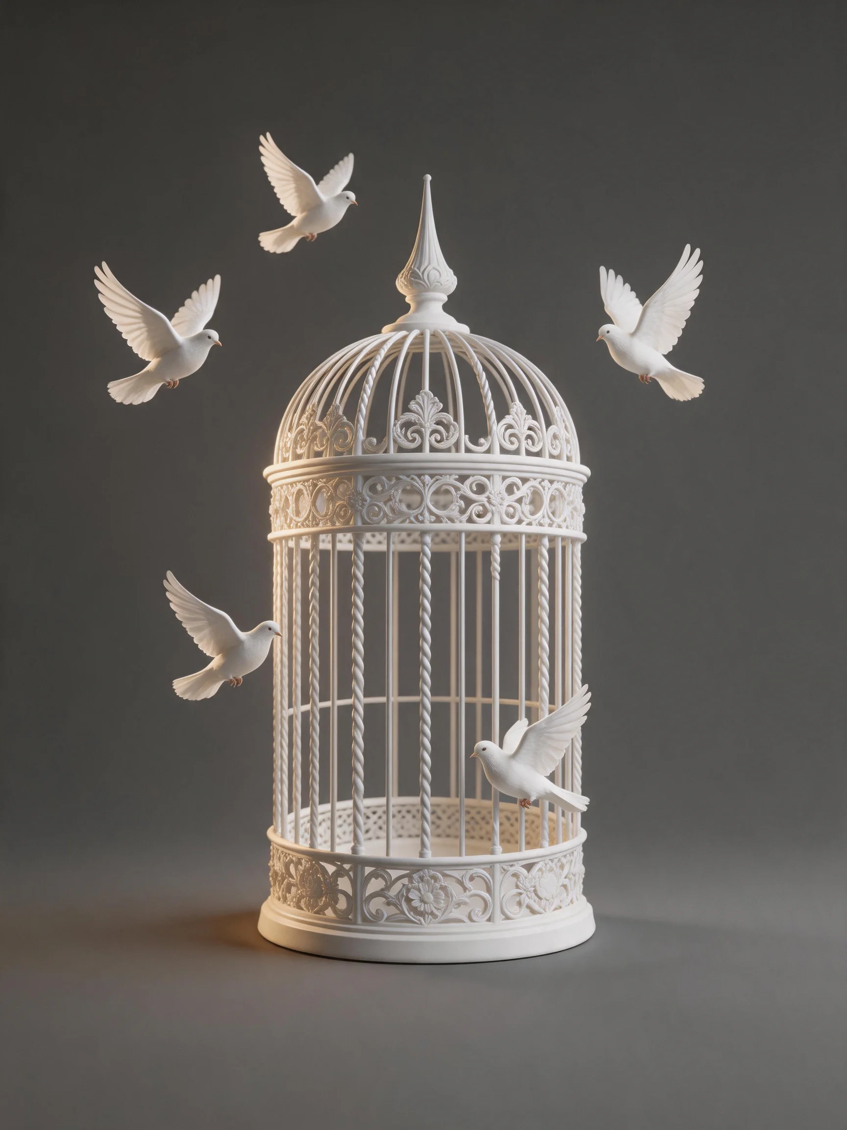 Five white doves encircle an elaborately crafted white birdcage