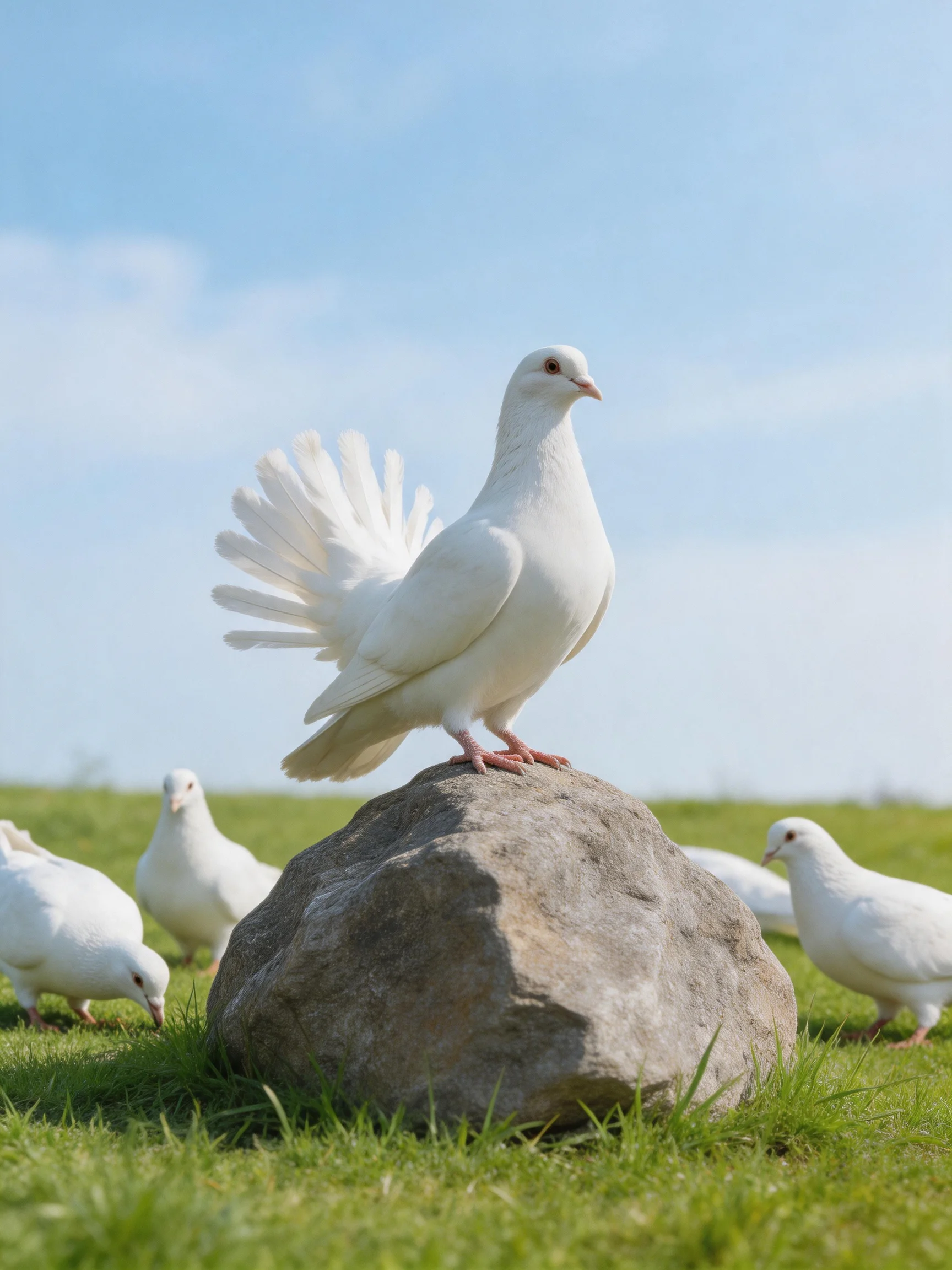 Five white pigeons gather around a large gray rock in a grassy field