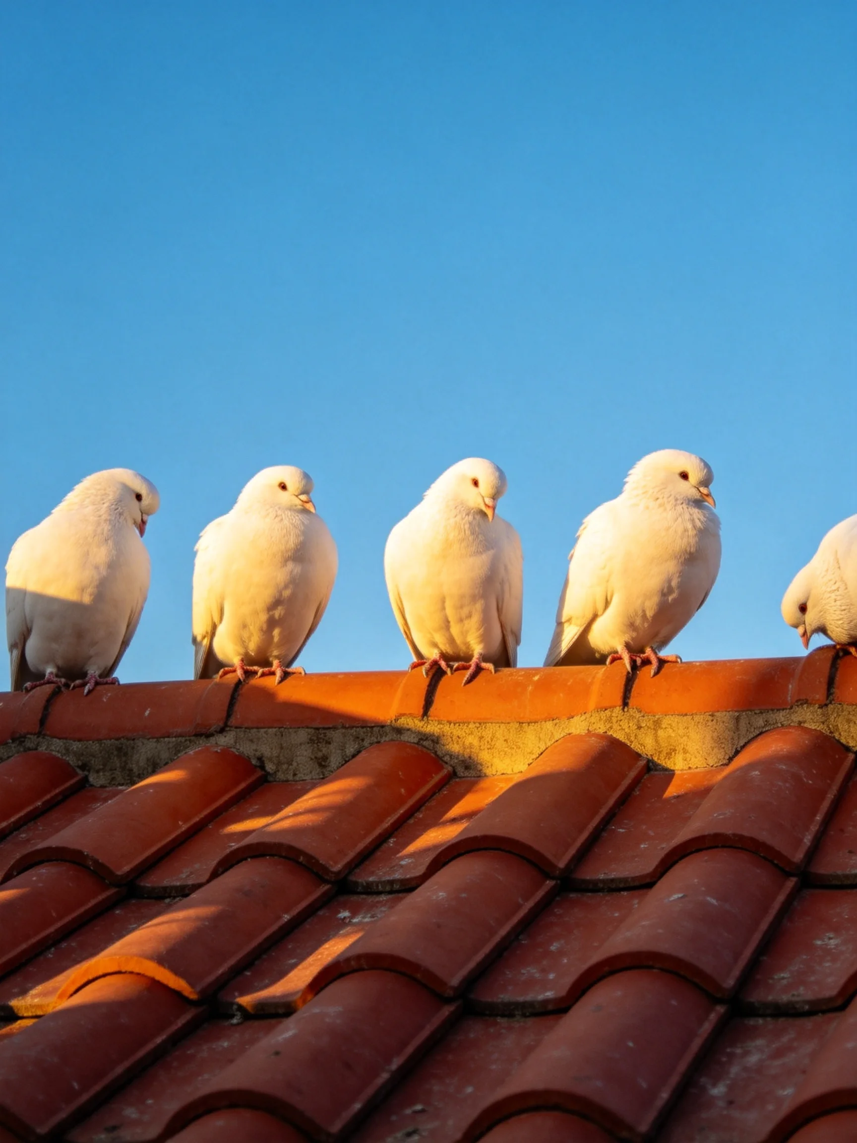 Five white pigeons perch on a terracotta-tiled roof under clear blue sky