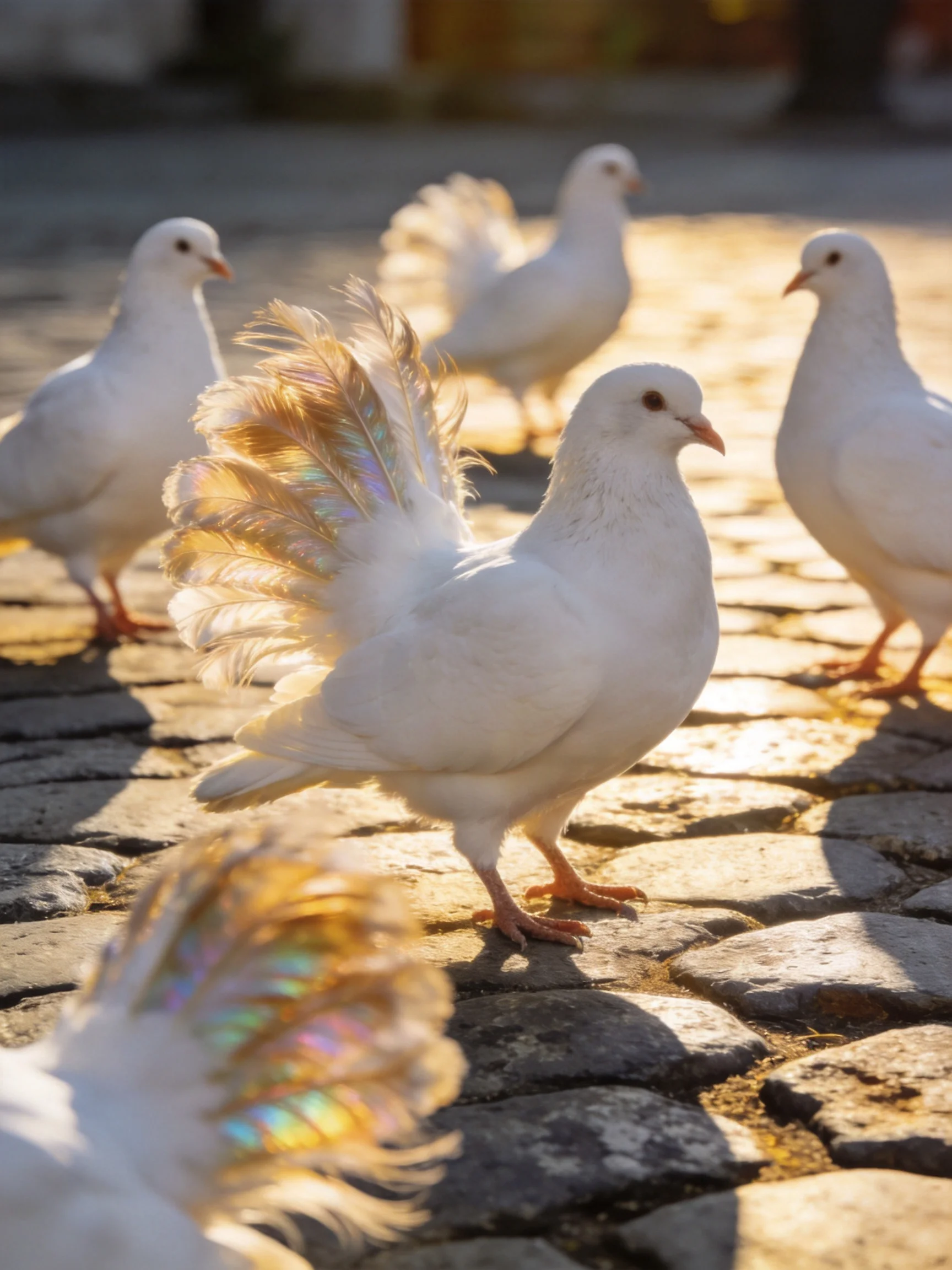 Five white pigeons with iridescent tails walk on a sunlit cobblestone path