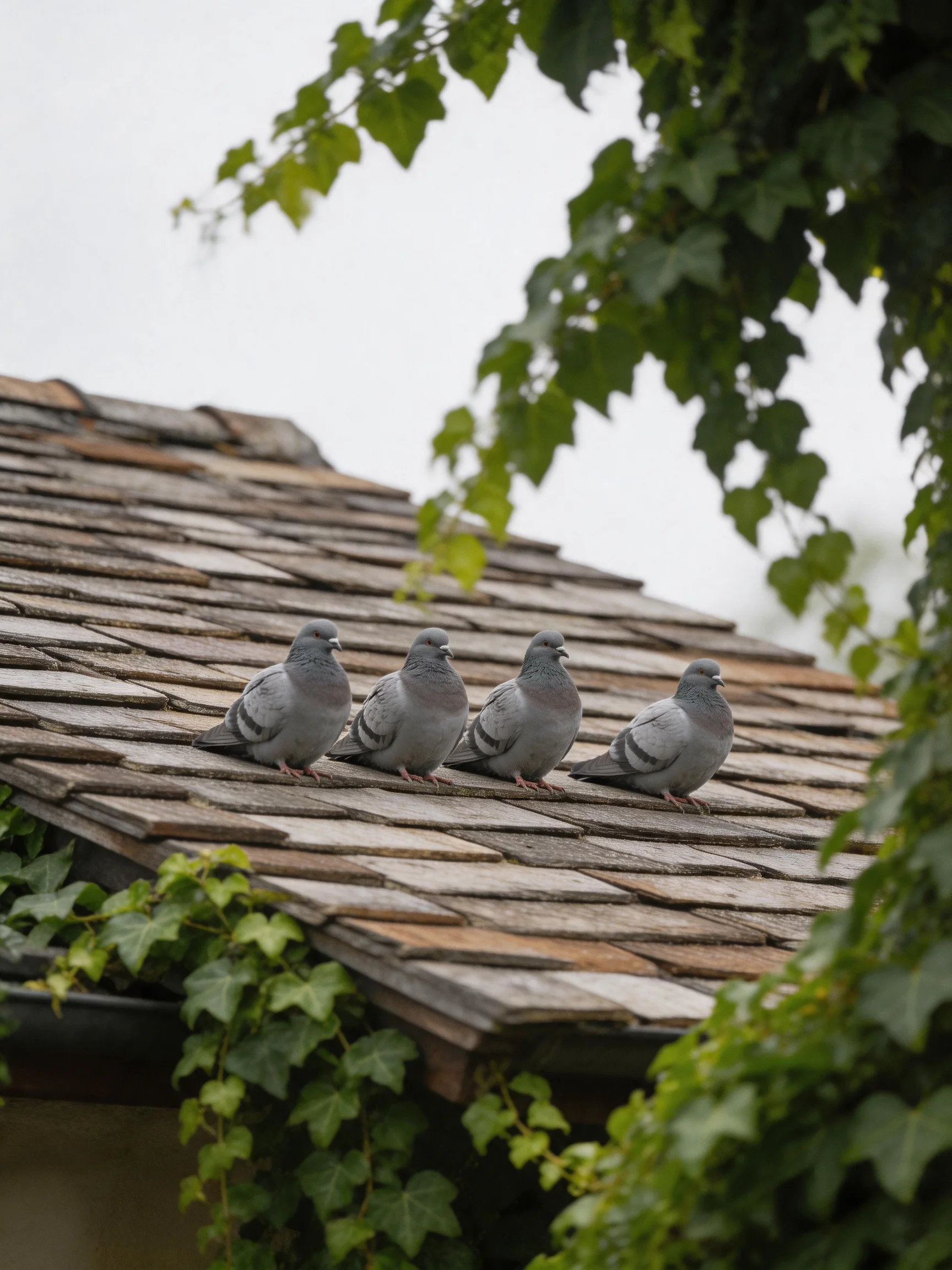 Four Gray Pigeons Resting on an Old Shingled Roof with Ivy