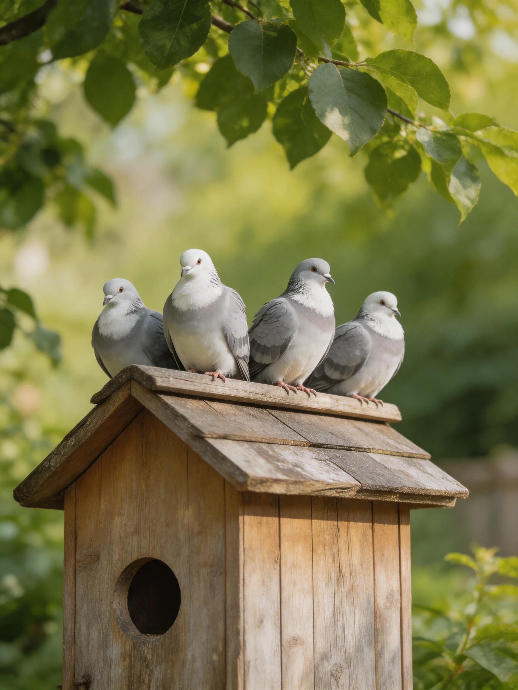 Four gray pigeons perch atop an aged wooden birdhouse amid lush greenery.