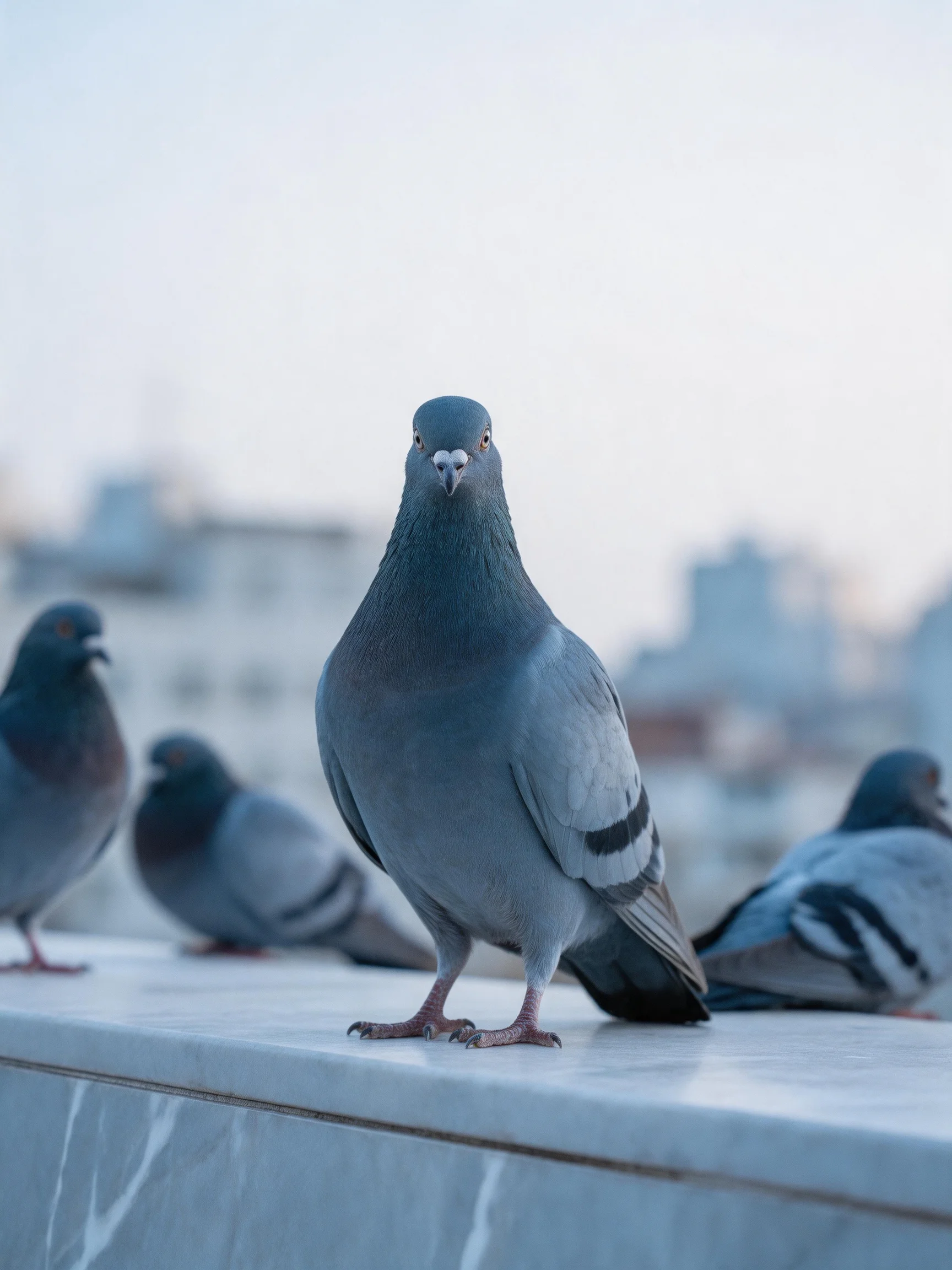Four gray pigeons perch on a marble ledge with blurred city buildings