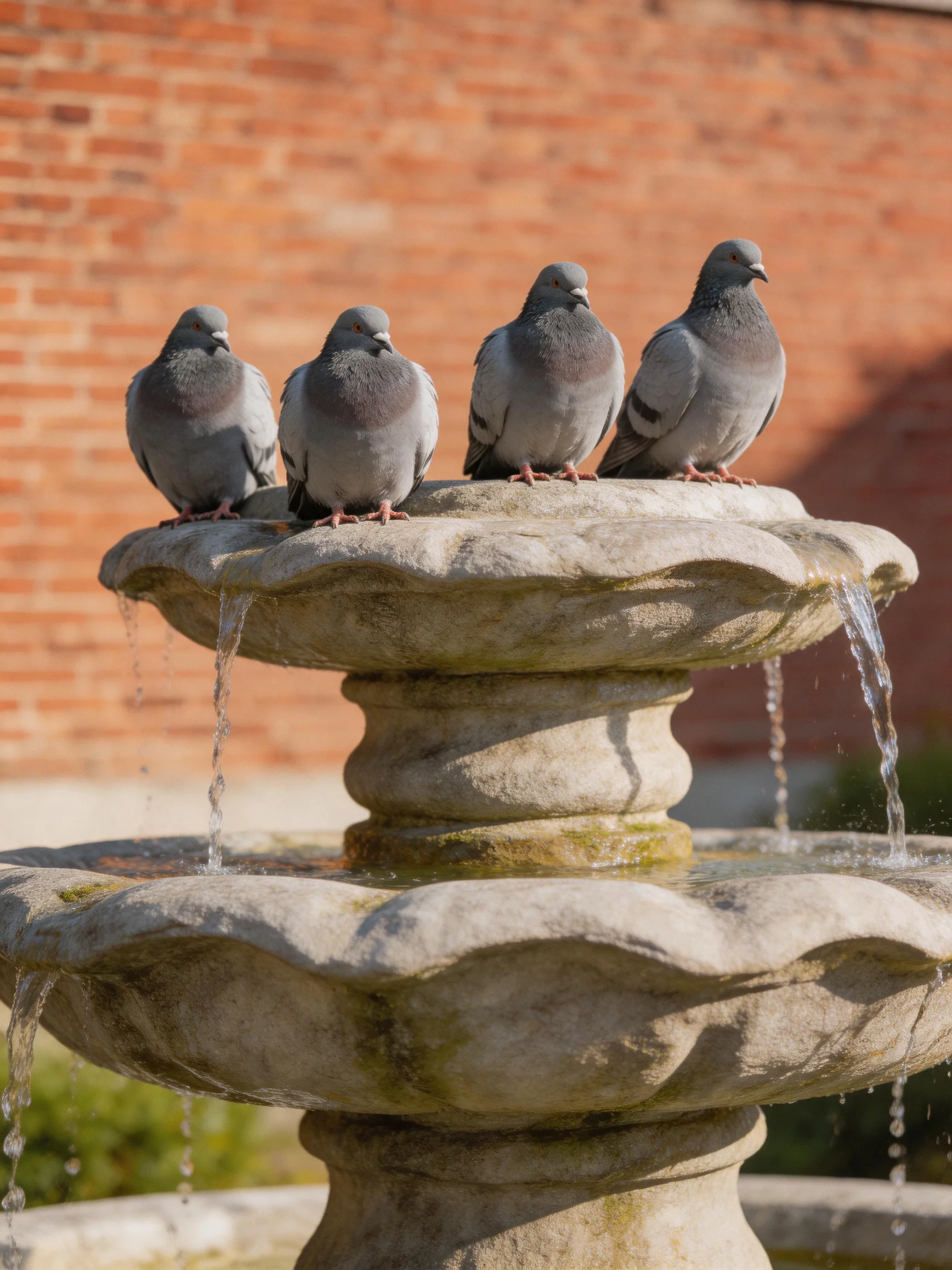 Four gray pigeons rest atop a weathered stone fountain near a red brick wall