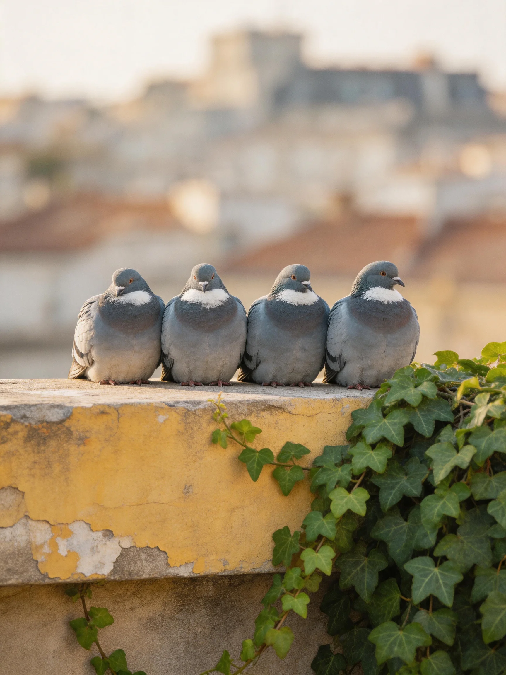 Four gray pigeons rest on a weathered yellow ledge with green vines