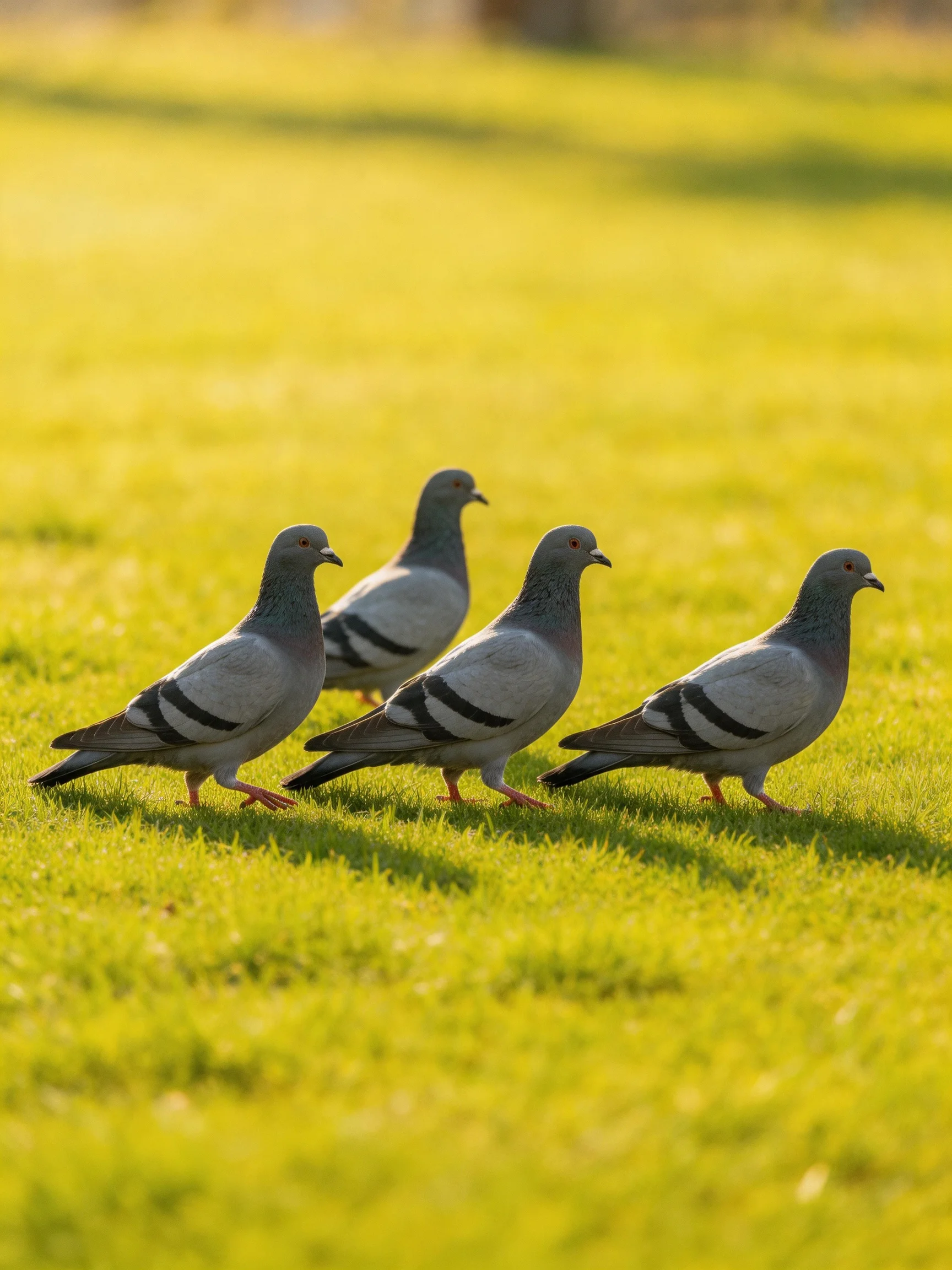 Four gray pigeons walk along a sunlit green lawn