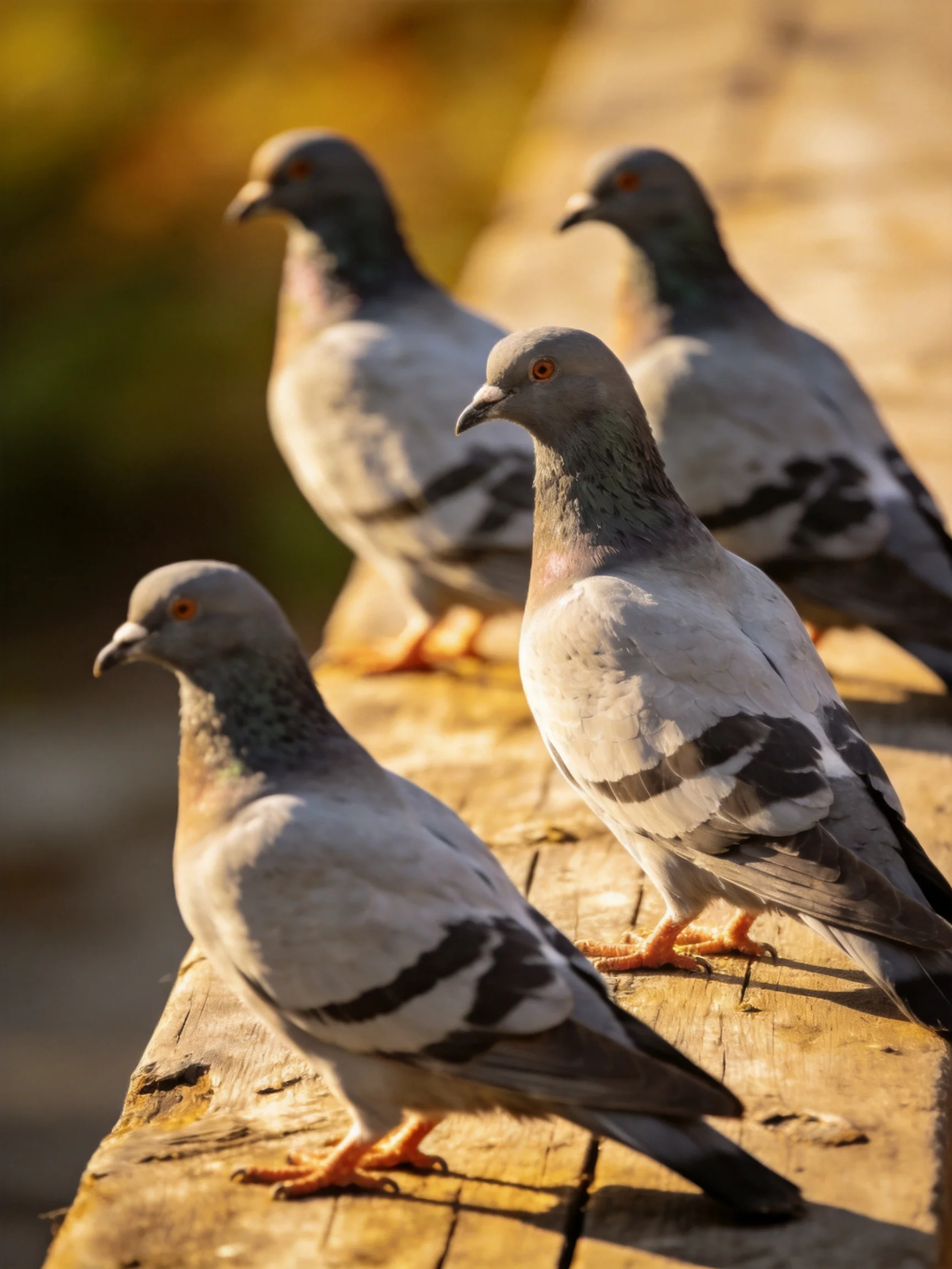 Four gray pigeons with black markings rest on a weathered wooden plank