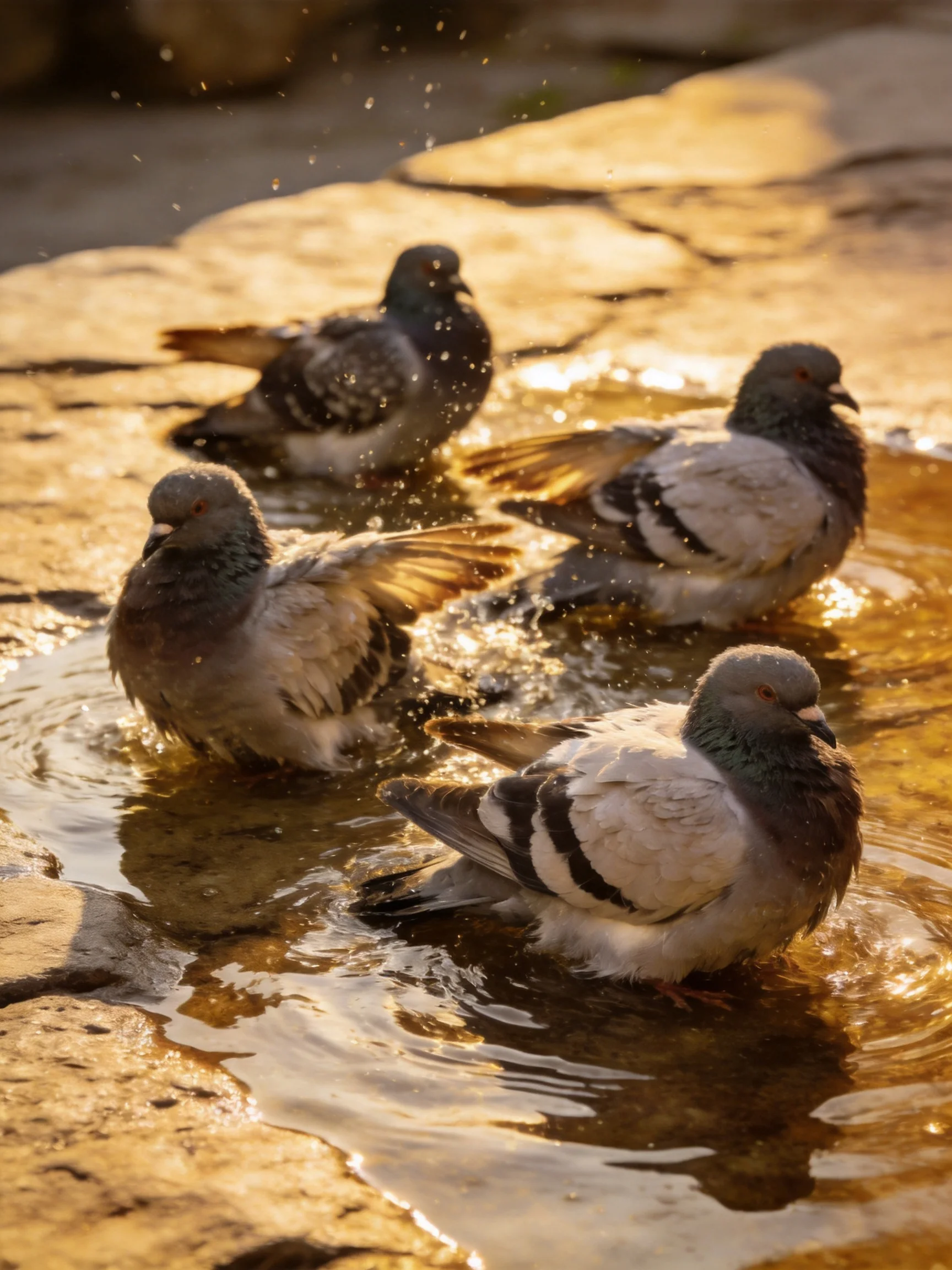 Four pigeons bathe in a shallow pool of golden water