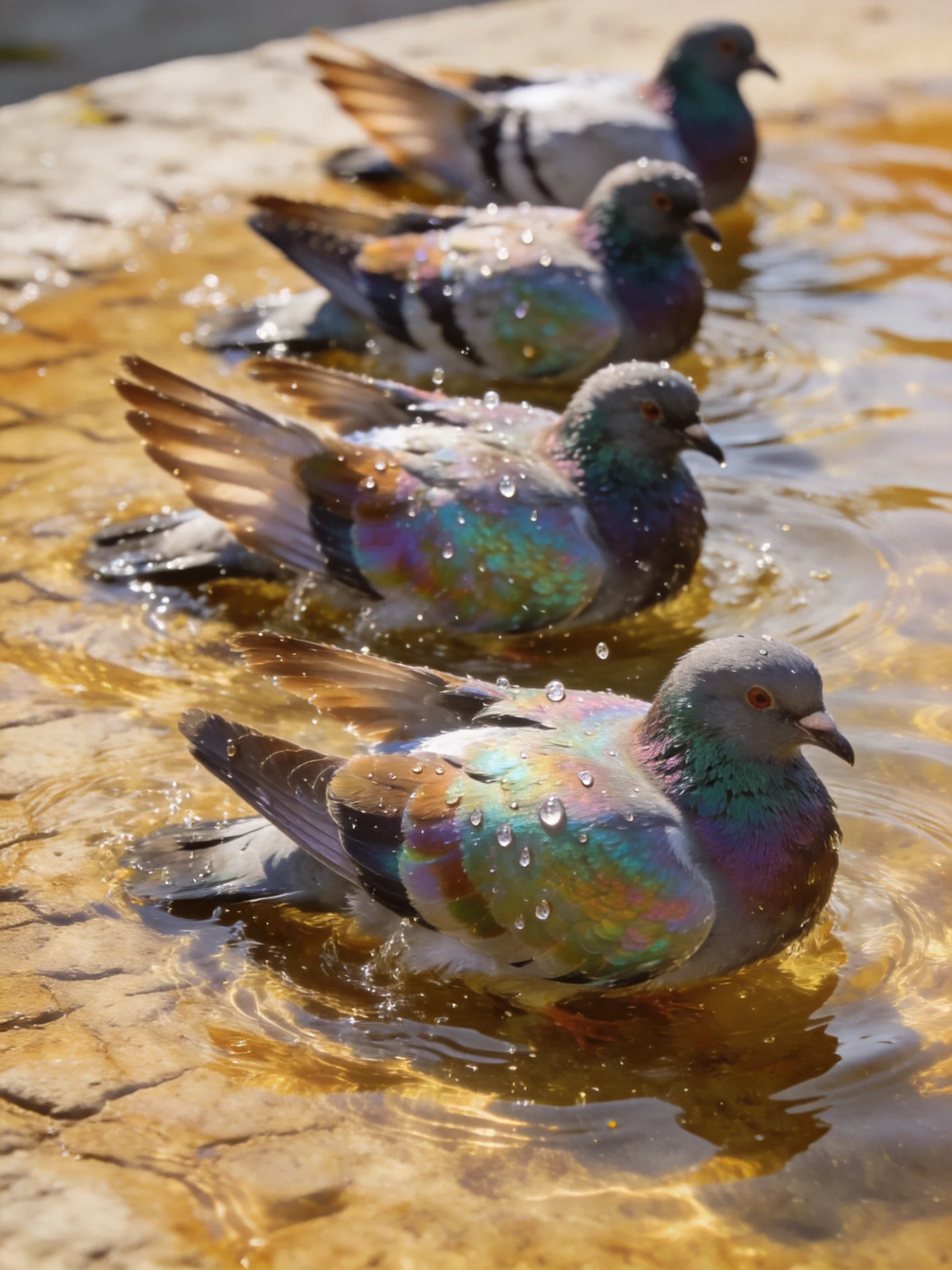 Four pigeons bathe in golden water with iridescent plumage