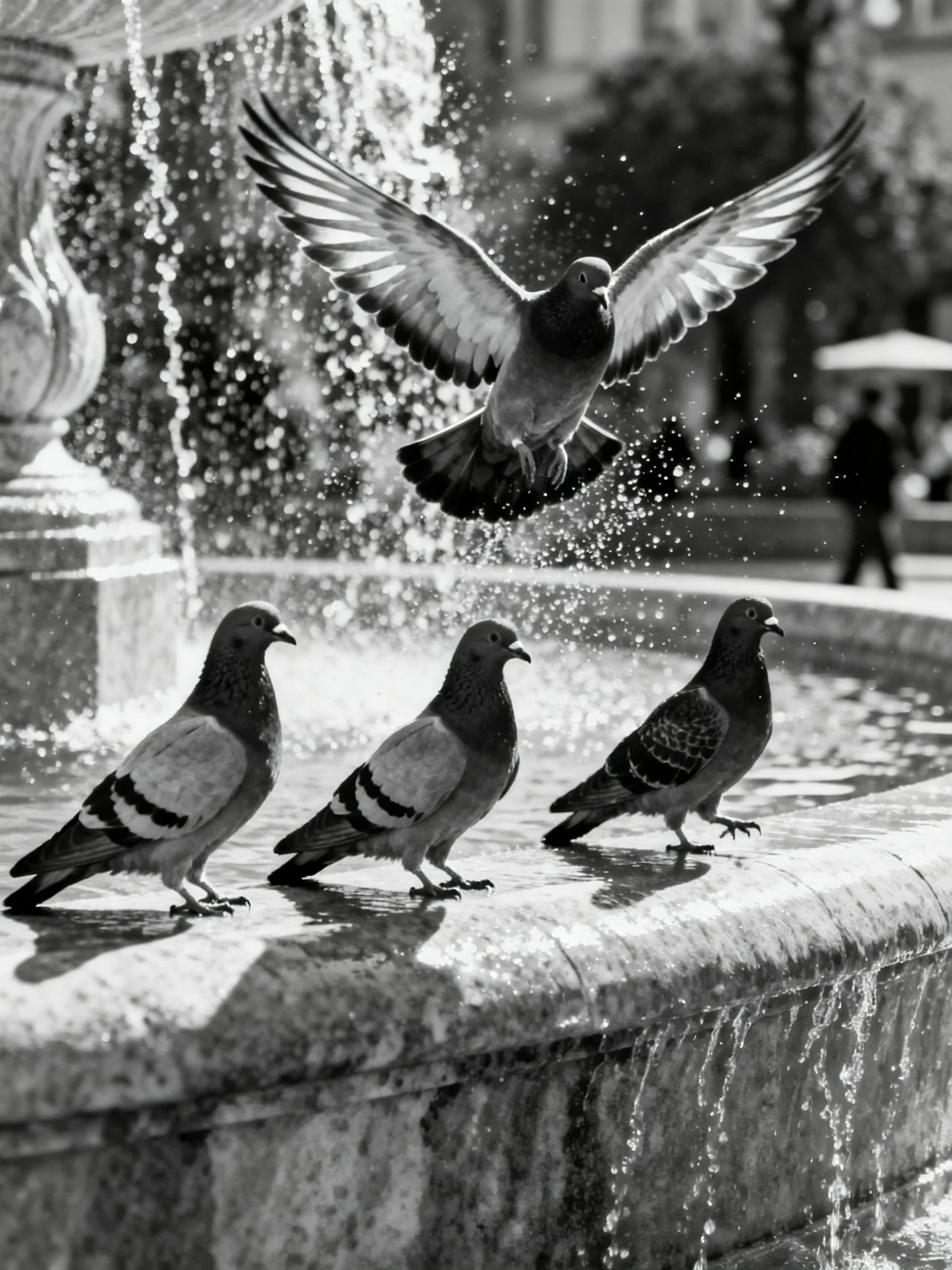 Four pigeons by a fountain, one taking flight, in black and white