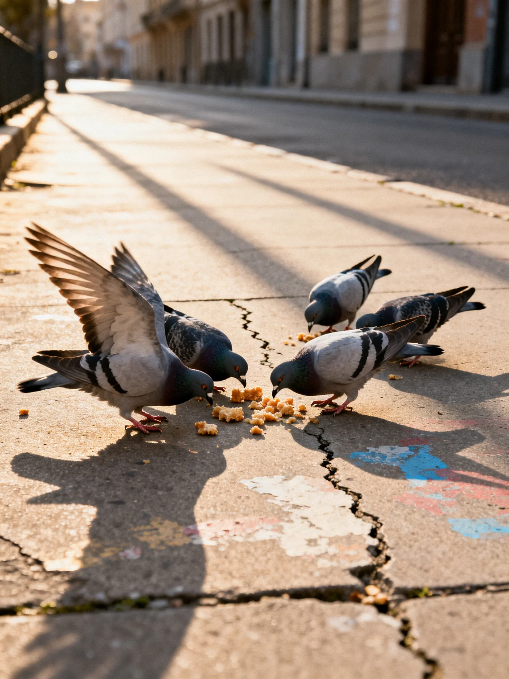 Four pigeons feeding on bread crumbs on a sunlit cracked sidewalk