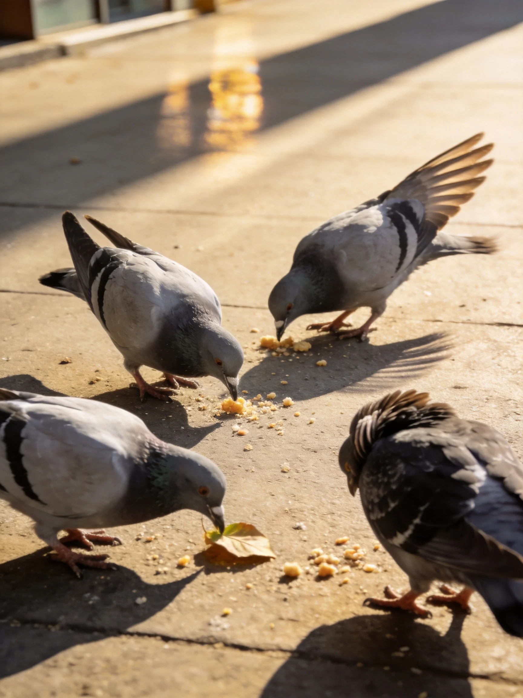 Four pigeons feeding on crumbs and a leaf on a sunlit pavement