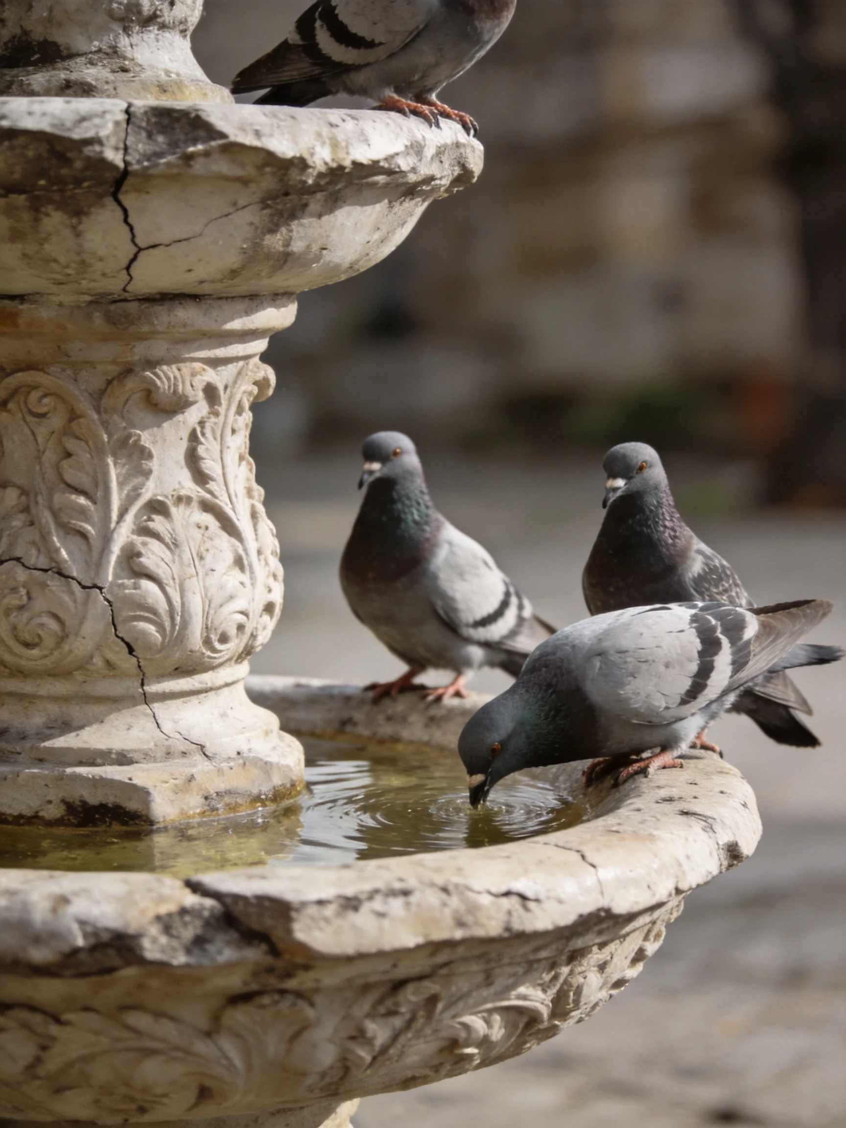 Four pigeons gather around a weathered stone fountain