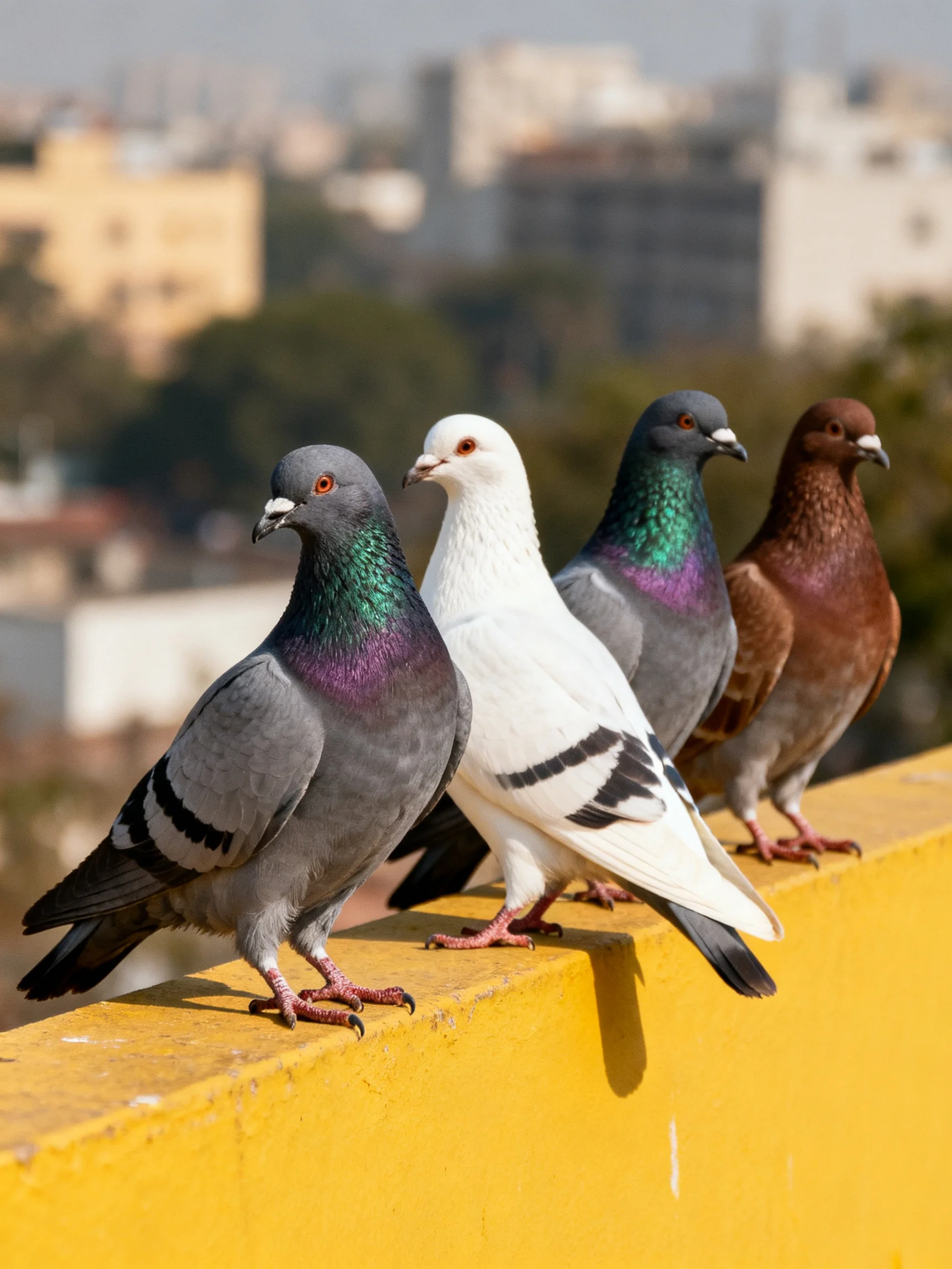 Four pigeons of varied hues perch on a bright yellow ledge