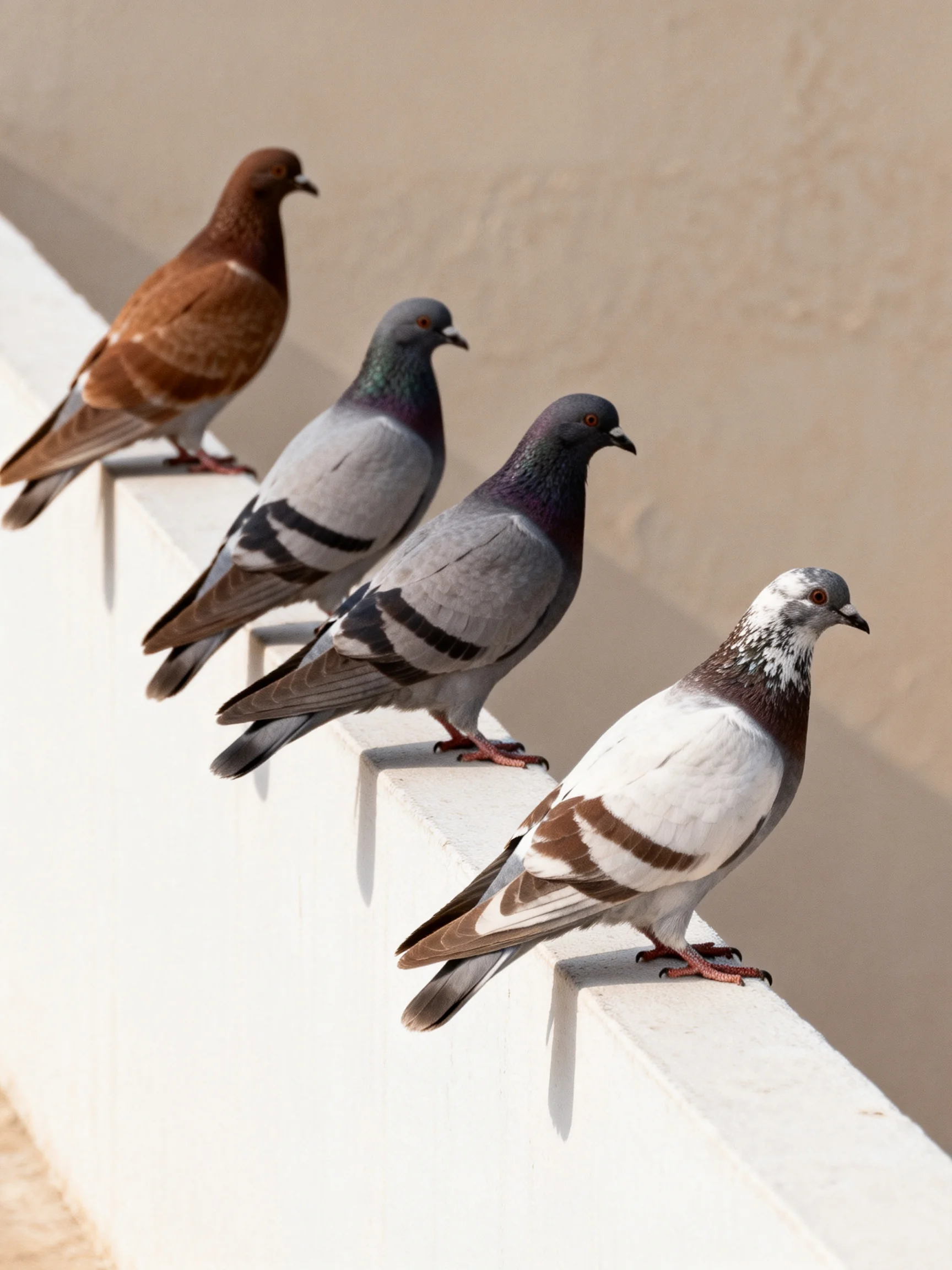 Four pigeons of varied hues perch on a white ledge