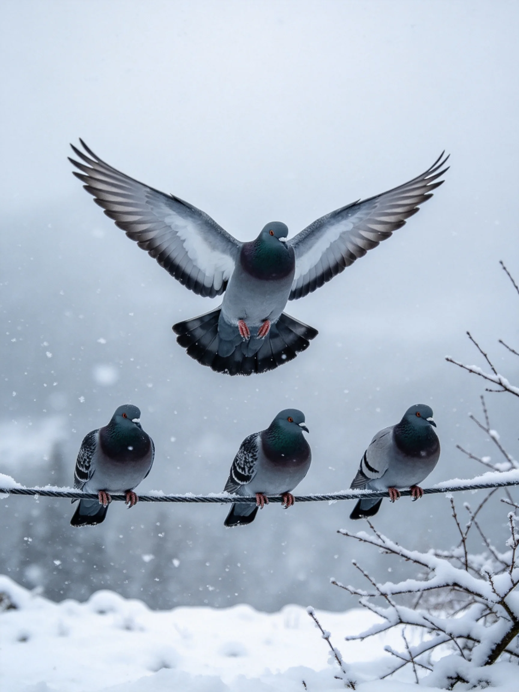 Four pigeons, one airborne, perch on a snow-dusted wire