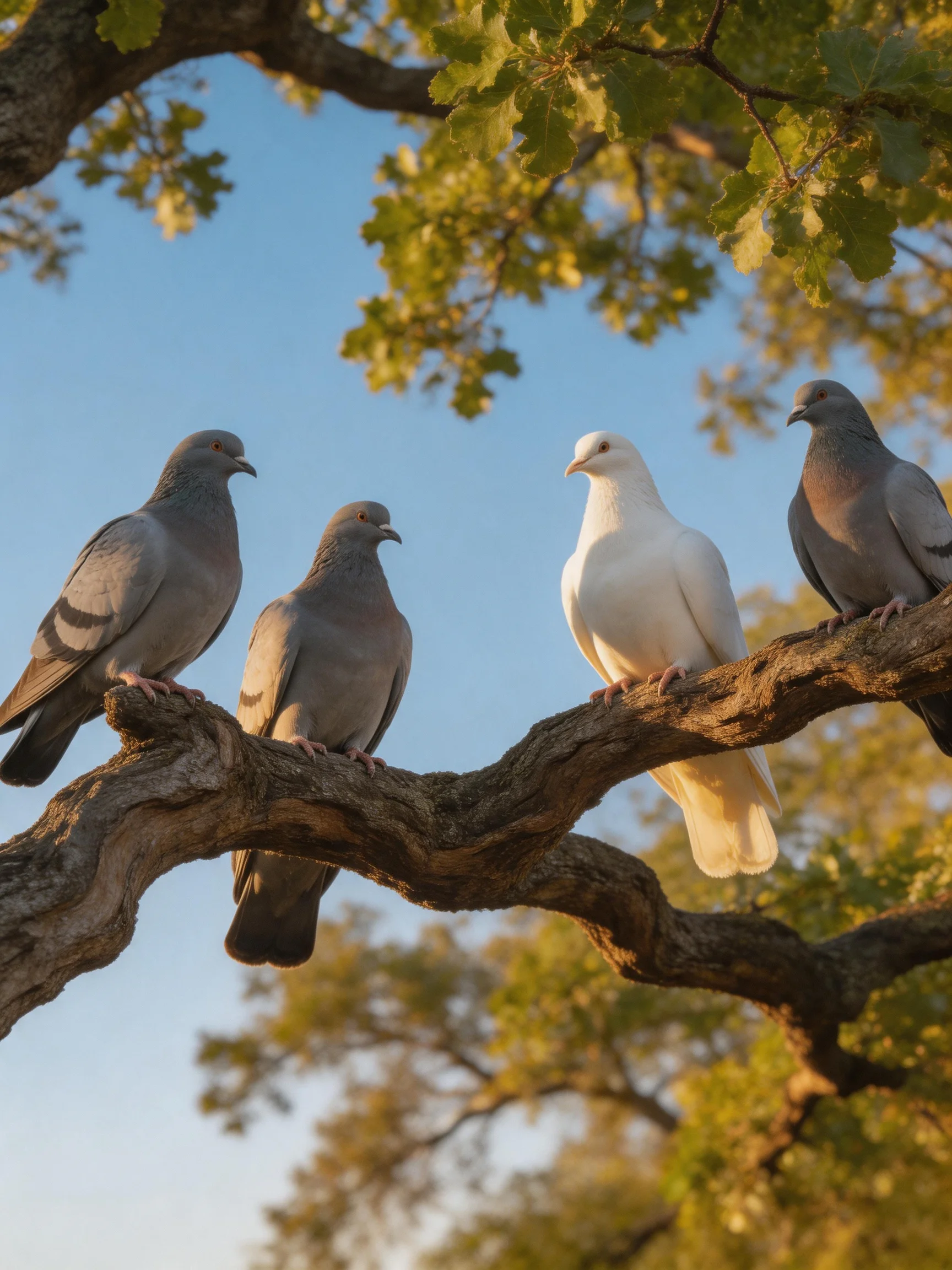 Four pigeons, one white, rest on a gnarled tree branch