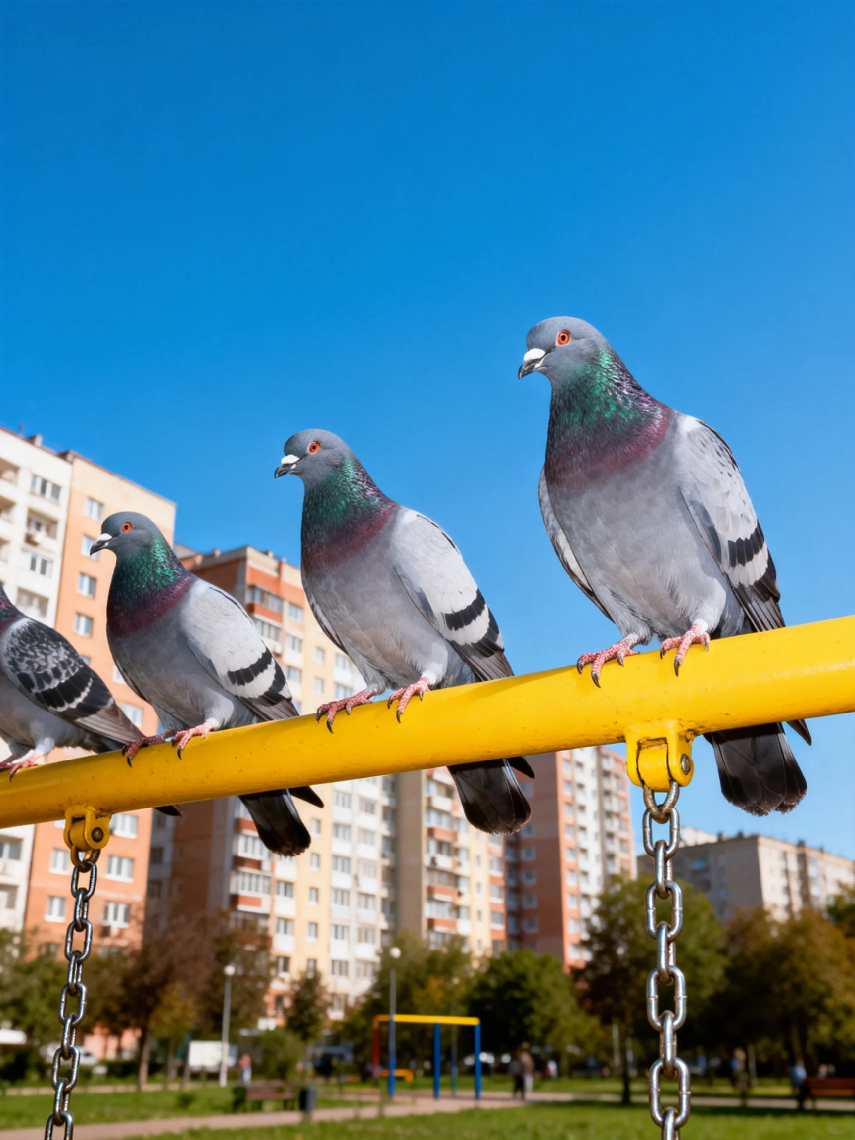 Four pigeons perch on a bright yellow bar near apartment buildings under clear blue sky